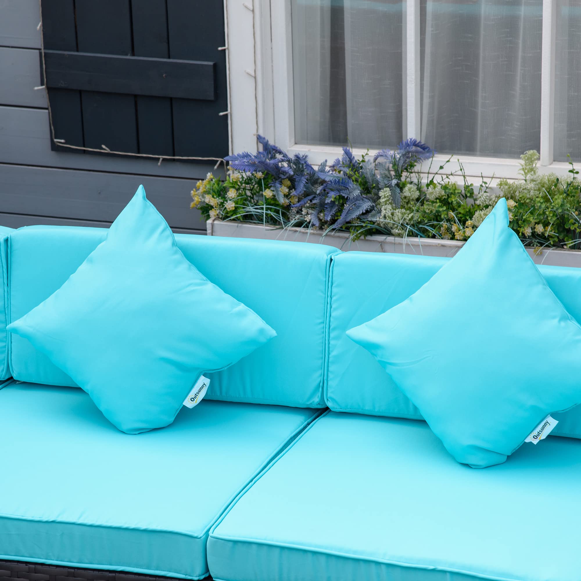 Outsunny 7-Piece All-Weather PE Rattan Patio Furniture Set, Outdoor Wicker Sectional Sofa with Cushions & Tempered Glass Table - Turquoise - Perfect for Garden, Backyard, Poolside & Patio Relaxation