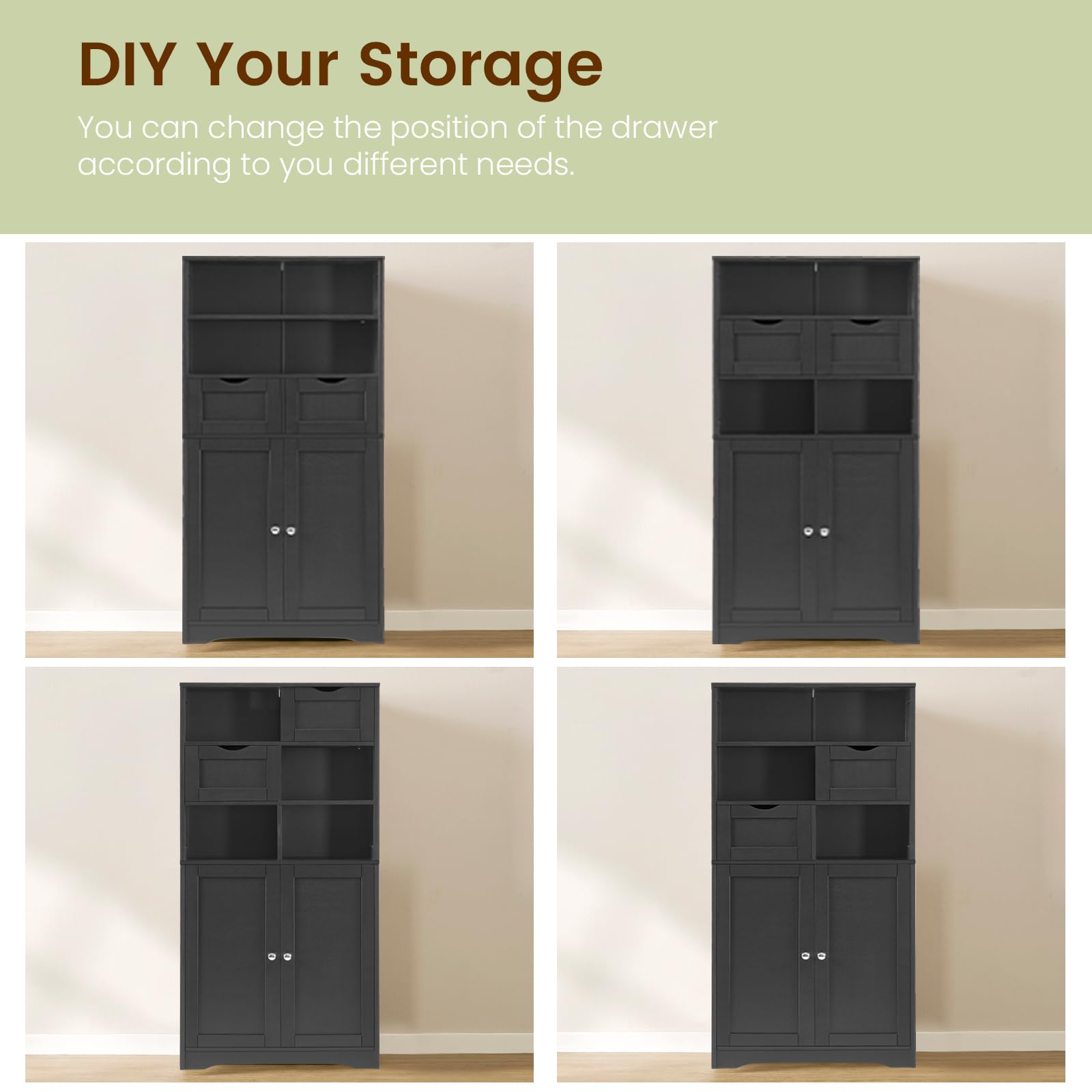 Iwell Tall Storage Cabinet with 2 Drawers & Adjustable Shelves - Black Bathroom Cabinet for Living Room, Dining Room, Entryway - Perfect for Organizing Towels, Linens & Home Essentials