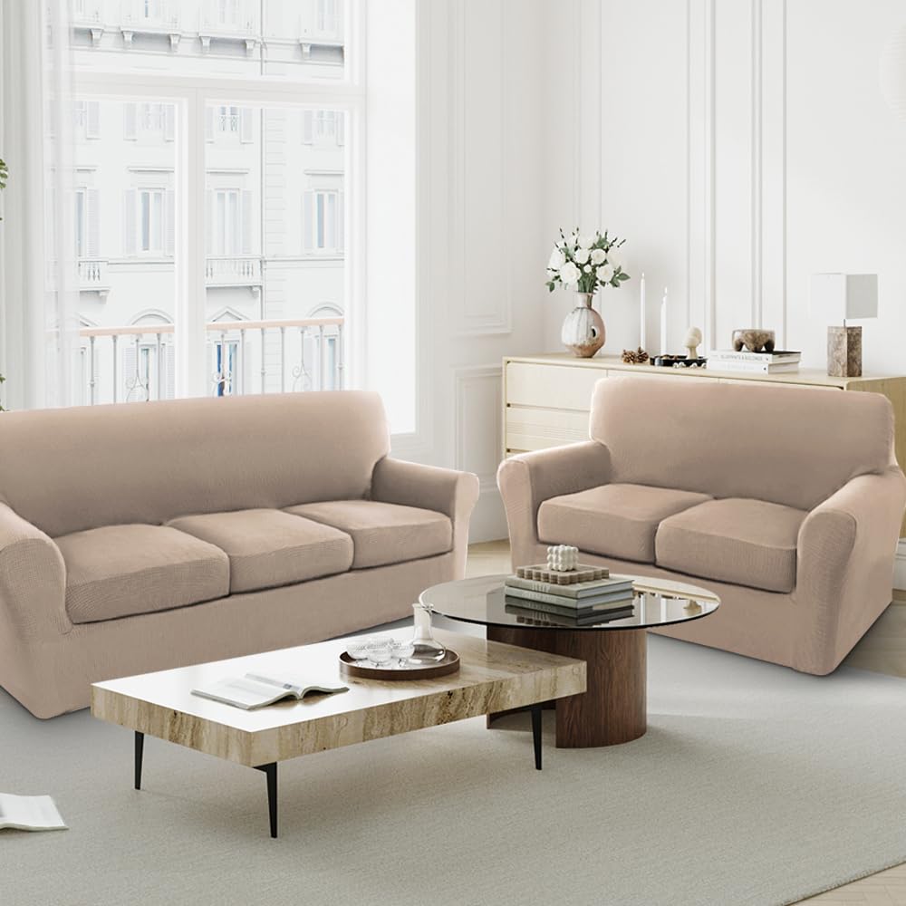 H.VERSAILTEX 4-Piece Stretch Sofa Cover Set - Jacquard Fabric Couch Covers for 3-Cushion Sofa & 2-Cushion Loveseat, Thick Durable Slip-Resistant Furniture Protector (Sand Color) - Perfect for Living Room, Family Room, and Pet-Friendly Homes