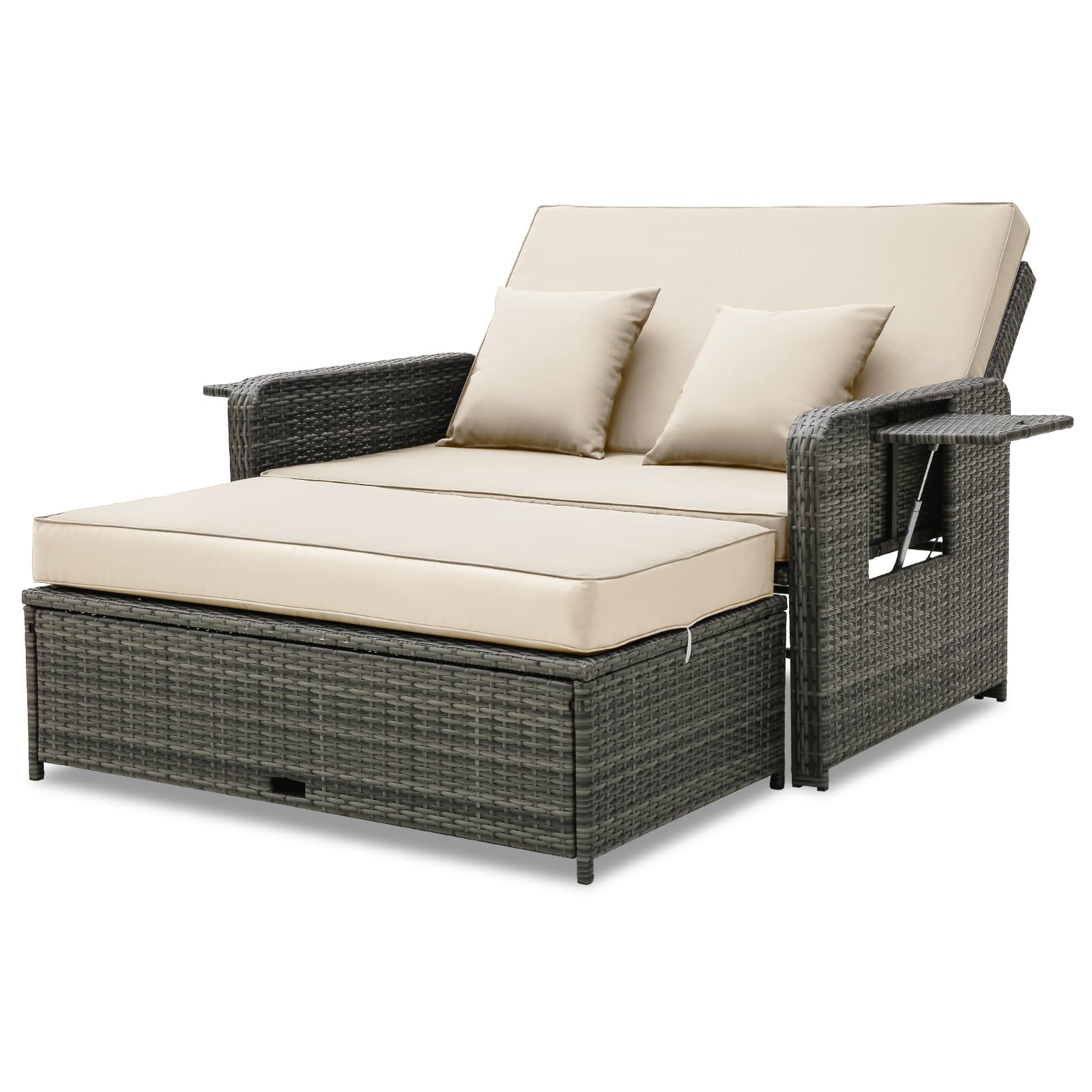 Tangkula Patio Rattan Daybed Set with Adjustable Backrest - Wicker Loveseat Sofa, Ottoman & Retractable Side Tray - Outdoor Furniture with Storage Footstool & Cushions - Perfect for Poolside, Garden or Patio Relaxation