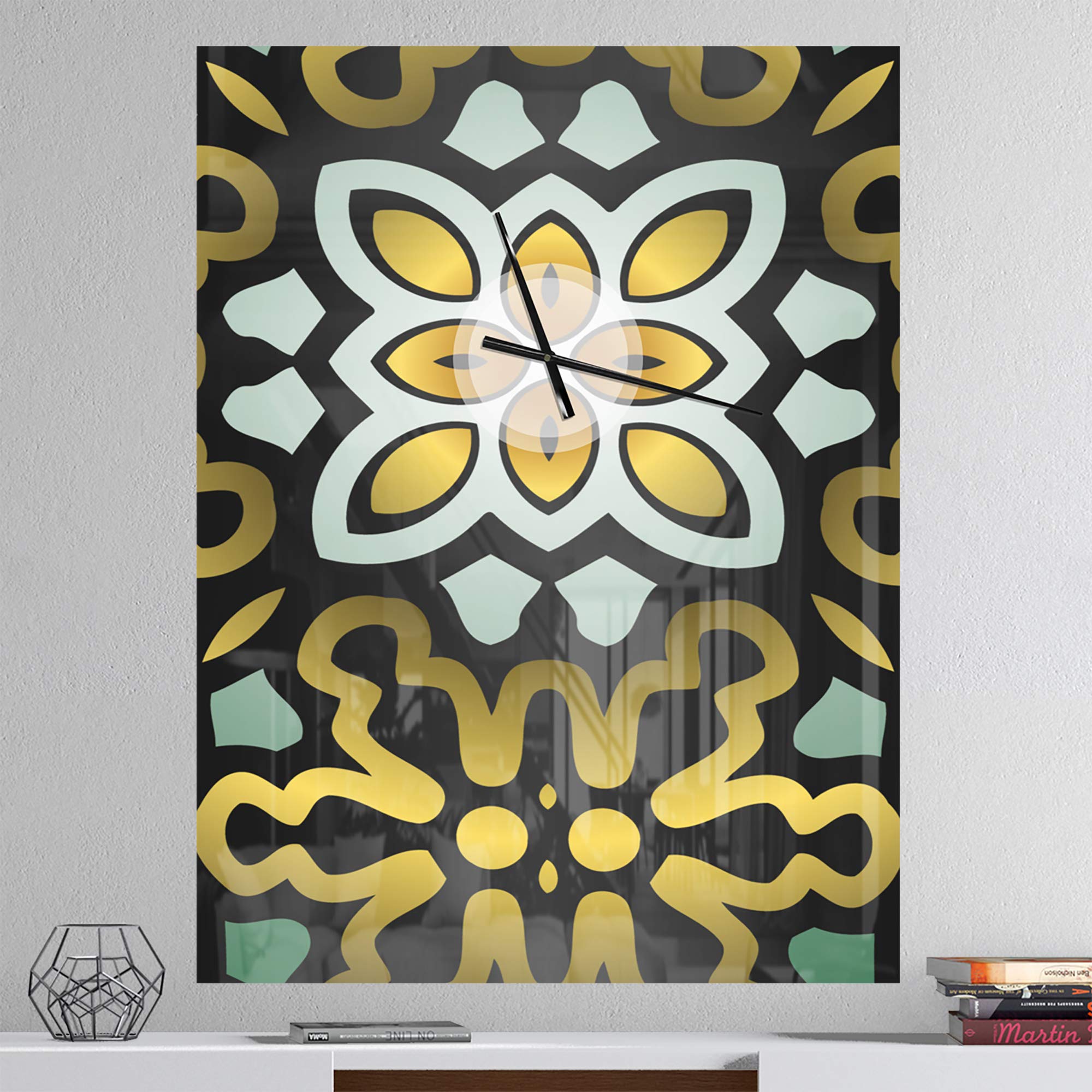 Modern Gold Round Wall Clock with Ethnic Floral Geometric Design - Elegant Home Decor for Living Room, Bedroom & Office | Perfect Gift Idea