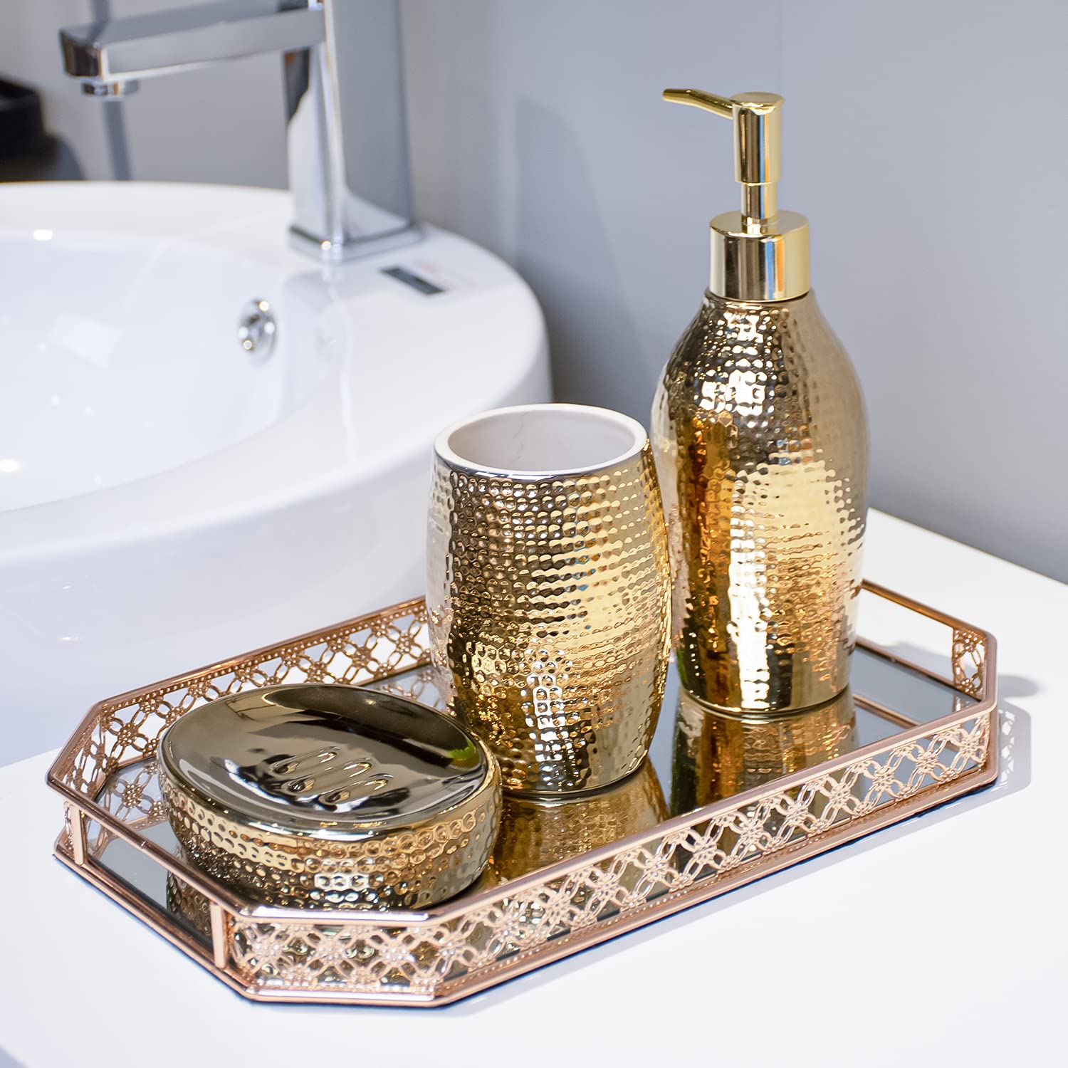Luxury Gold Ceramic Bathroom Accessory Set - 3 Piece Decorative Soap Dispenser, Toothbrush Holder & Soap Dish for Modern Home Decor | Elegant Housewarming Gift for Bathroom, Vanity & Guest Room Organization