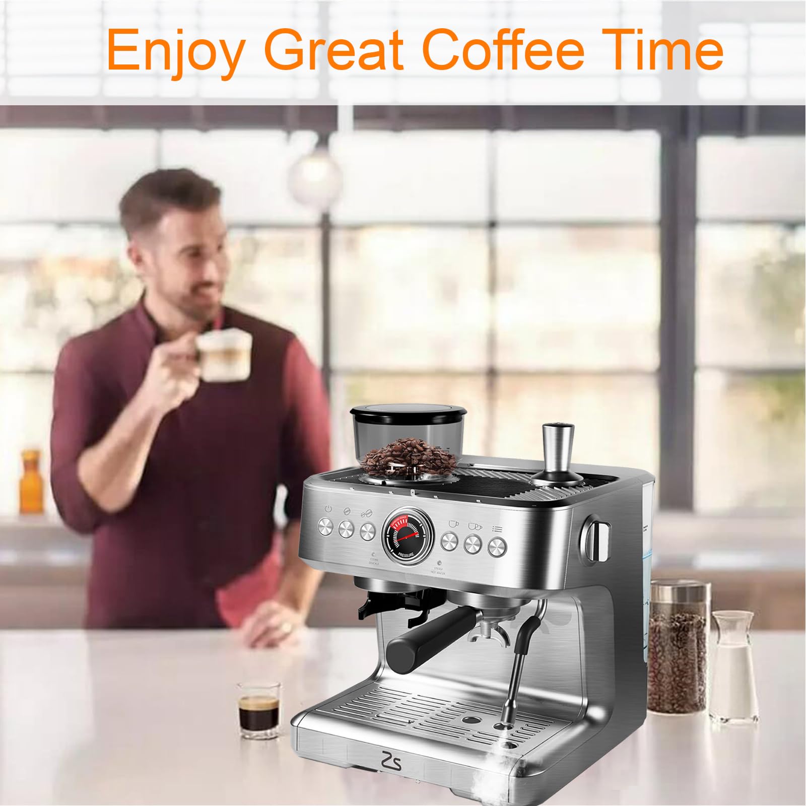Premium Semi-Automatic Espresso Machine - 20 Bar Pressure Coffee Maker with 30 Grind Settings, Built-in Grinder, Milk Frother & Steam Wand - Removable Water Tank - Perfect for Espresso, Latte & Cappuccino at Home or Office