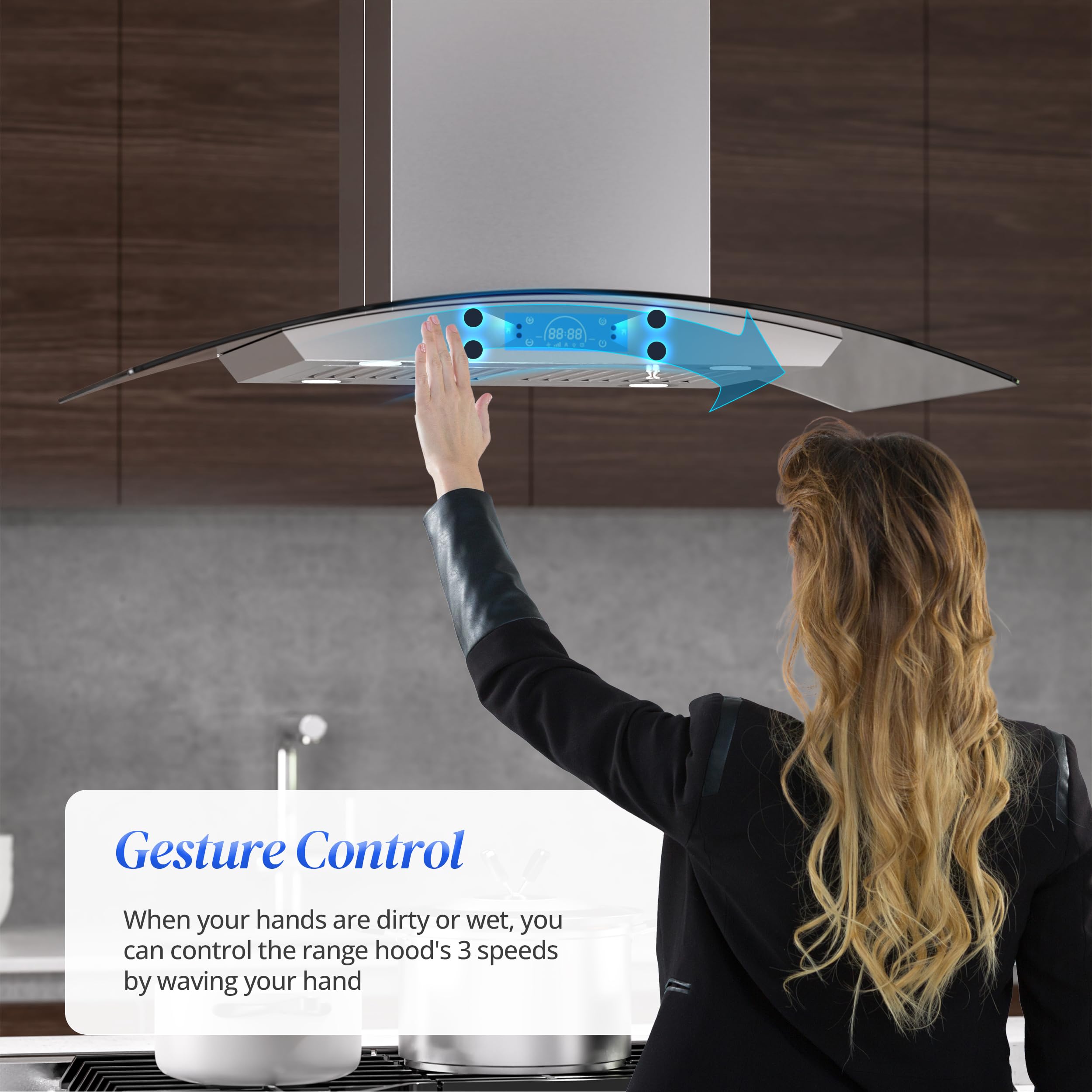 **FIREGAS 36 Inch 700 CFM Stainless Steel Island Range Hood with Tempered Glass, 4 LED Lights, 3-Speed Fan & Touch Control – Permanent & Charcoal Filters – Perfect for Modern Kitchens & Open-Concept Homes**