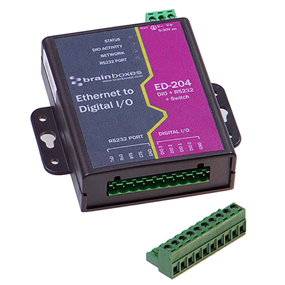Brainboxes Ltd Ethernet 4 Digital I/O + RS232 + Switch - Industrial Automation & Control Device for PLC, SCADA & Smart Factory Applications