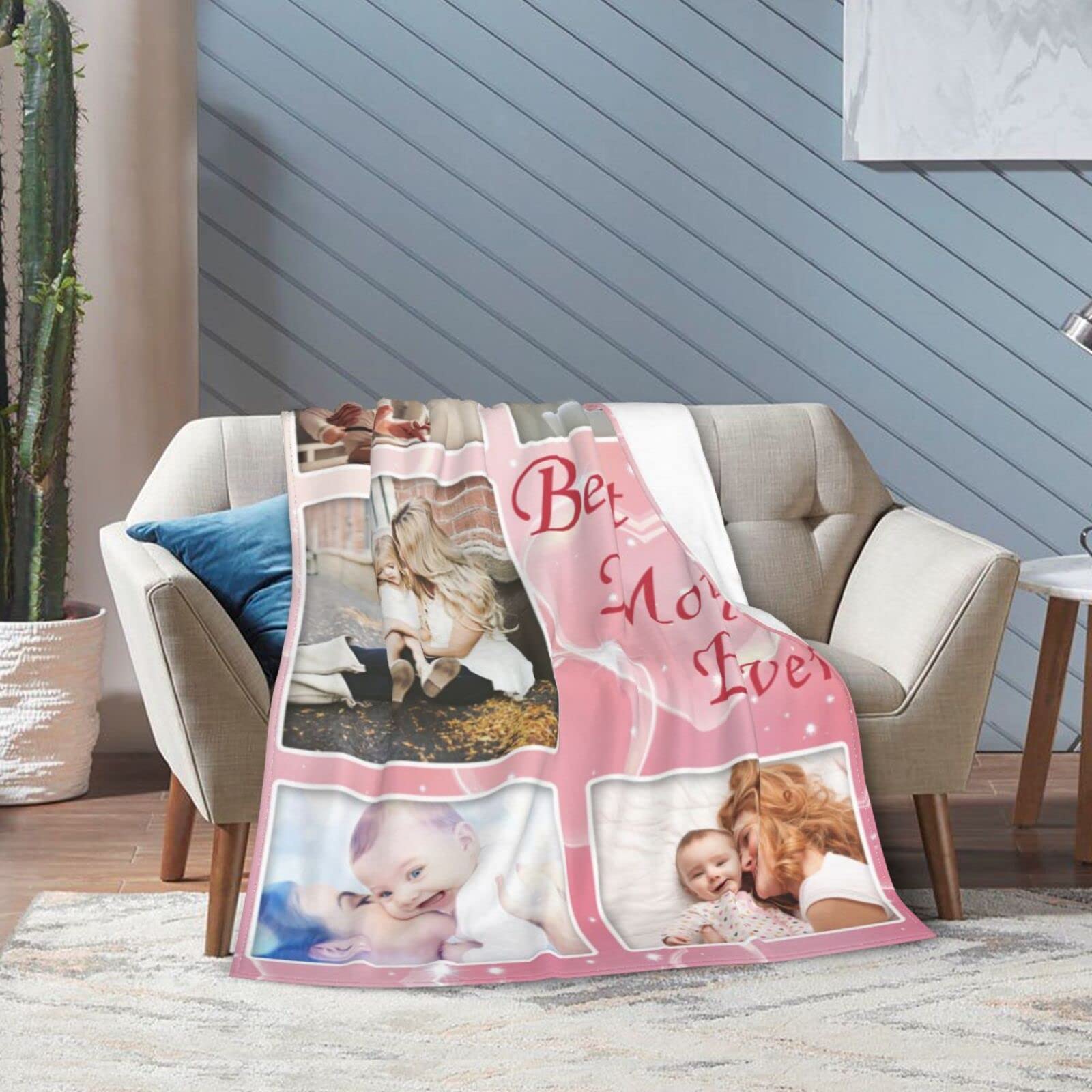 Best Mom Ever Custom Photo Blanket - Personalized Picture Blanket with 5 Photos - Thoughtful Gift for Mother's Day, Birthday, Christmas, Father's Day & New Year - Cozy Home Decor for Living Room, Bedroom & Special Occasions