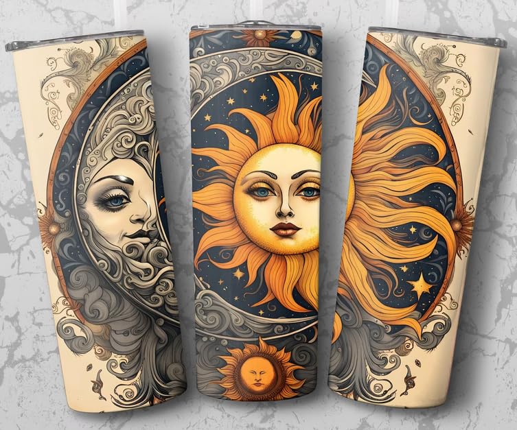 20oz Celestial Skinny Tumbler with Moon & Sun Design - Double Wall Insulated Stainless Steel Travel Mug with Leak Proof Lid & Metal Straw - Perfect for Coffee, Tea, and Cold Drinks On-The-Go