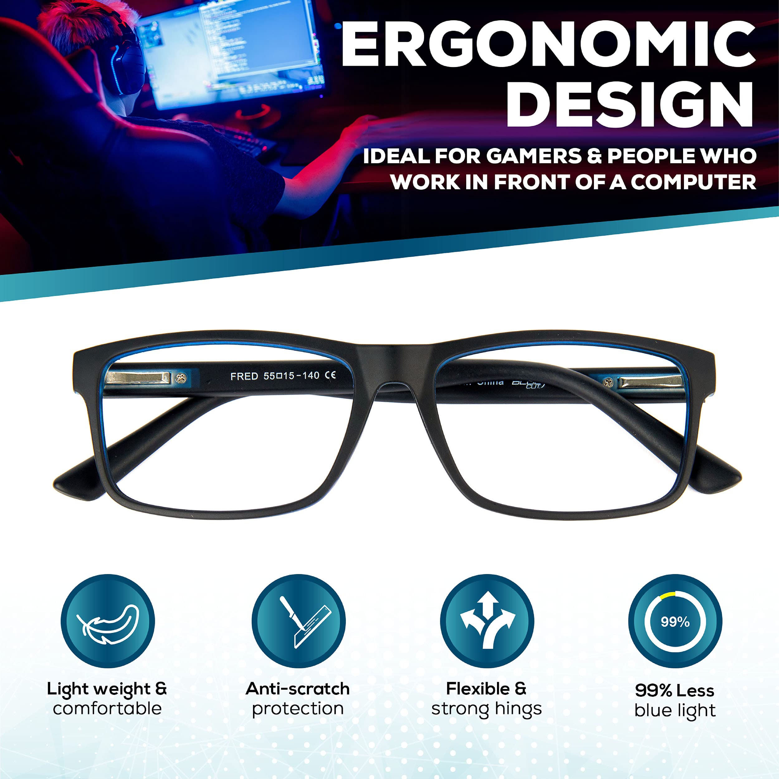 2 Pack Blue Light Blocking Glasses for Computer & Gaming - Anti-Fatigue, Anti-Headache Glasses with UV Protection | Perfect for Office Work, Online Classes & Late Night Gaming Sessions
