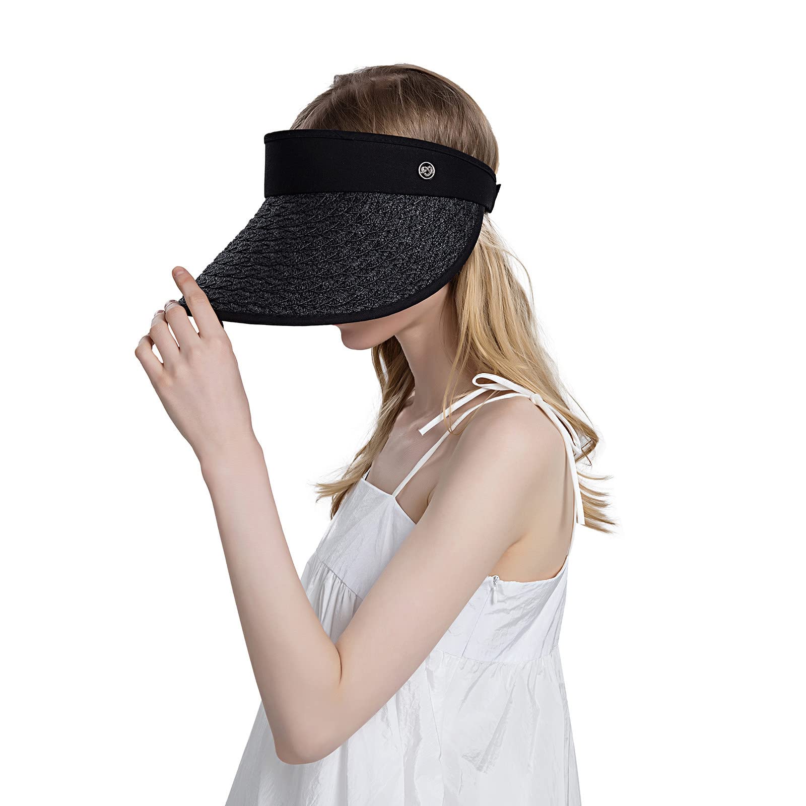 Handmade Women's Pearl Embellished Straw Visor – Wide Brim Sun Hat for Fishing & Beach | UV Protection Summer Accessory for Outdoor Activities