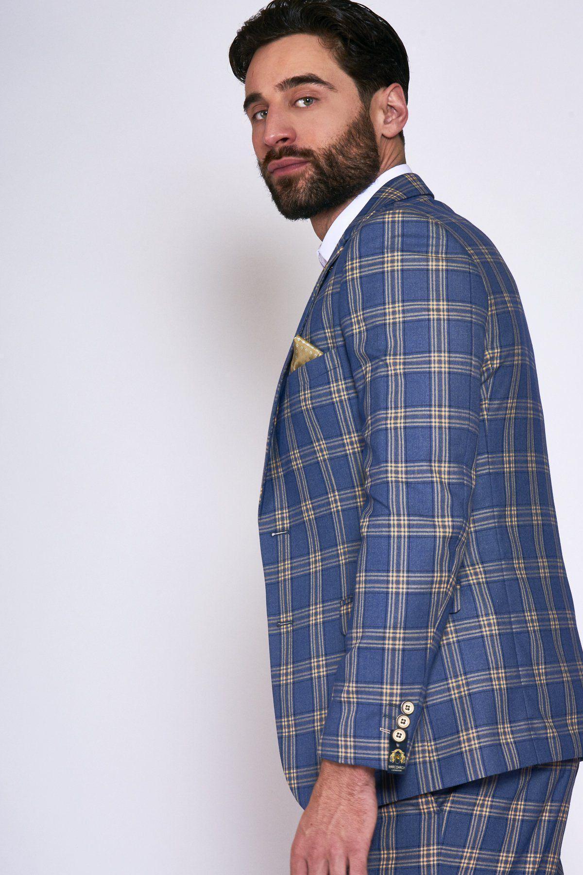 TONY Blue & Yellow Checkered Blazer for Men - Stylish Casual & Office Wear - Perfect for Business Meetings, Weddings & Formal Events