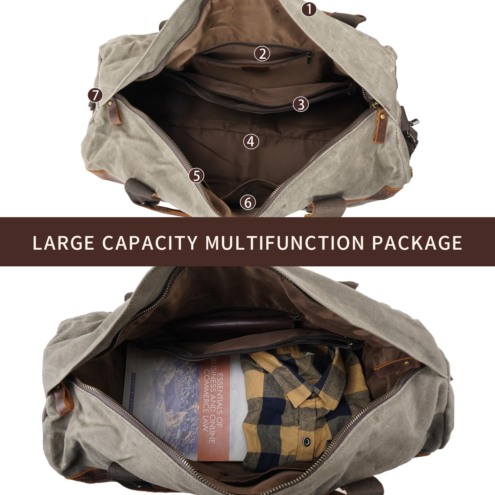 Waterproof Canvas & Genuine Leather Duffel Bag for Business Travel, Weekend Getaways & Overnight Trips - Army Green Weekender Carry-On Hand Luggage | Perfect for Gym, Work Commute & Adventure Travel