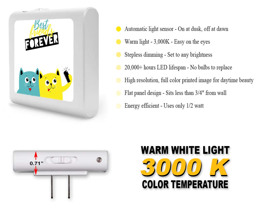 Dimmable LED Night Light with Auto On/Off Sensor, Adjustable Brightness & Warm White Light - Perfect for Bathroom, Hallway, Nursery, Bedroom - Cute Cat Selfie Design for Pet Lovers | Nighttime Safety & Cozy Ambience Lighting
