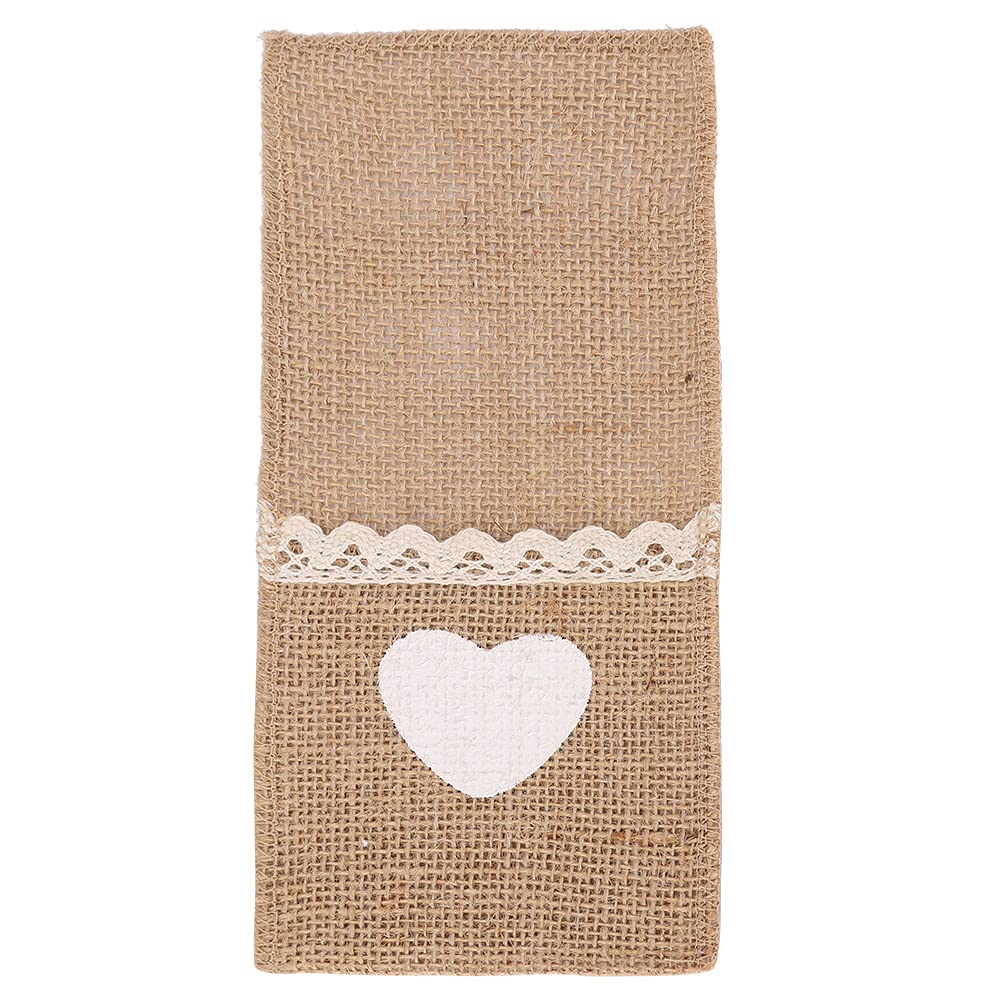 Eco-Friendly Jute Cutlery Pouch with White Heart Lace - Natural Burlap Utensil Holder for Knives, Forks & Spoons - Perfect for Rustic Weddings, Home Table Decor & Picnic Essentials (Love-Themed Tableware Bag)