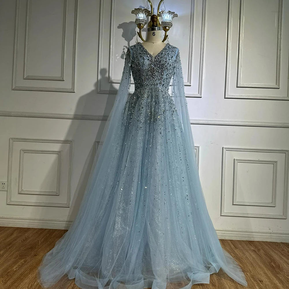Elegant Blue Evening Gown with Detachable Cape - LA72968 | Perfect for Formal Events, Galas & Special Occasions