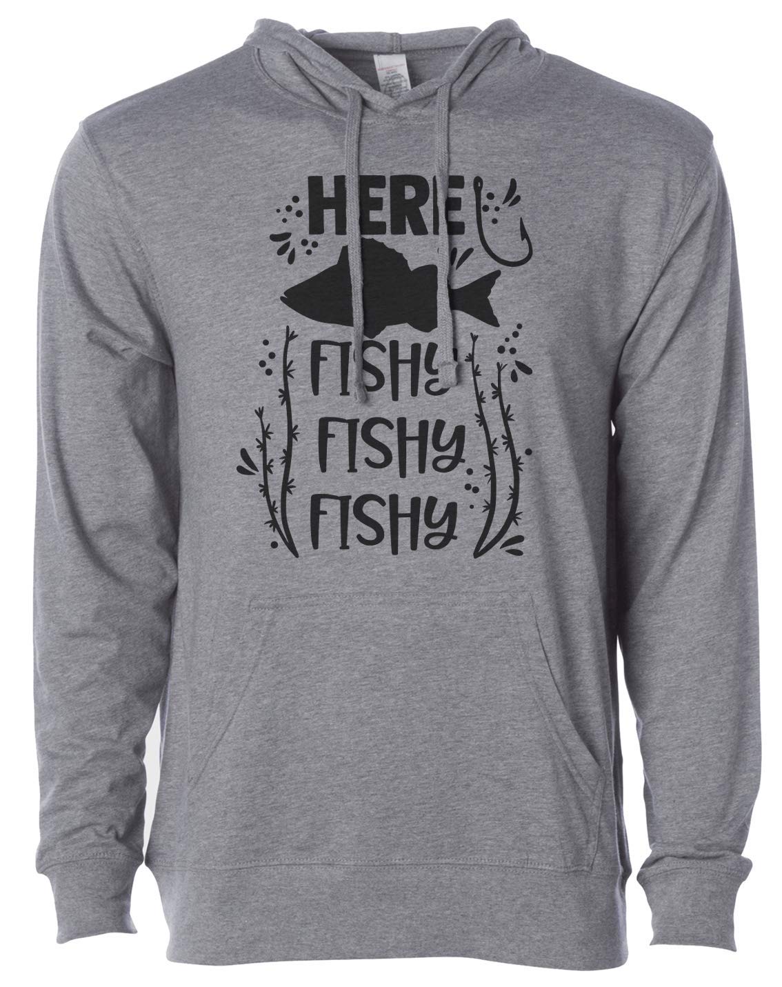 7 ate 9 Apparel Unisex Here Fishy Fishing Grey Hoodie - Comfortable Pullover for Outdoor Activities, Camping & Casual Wear
