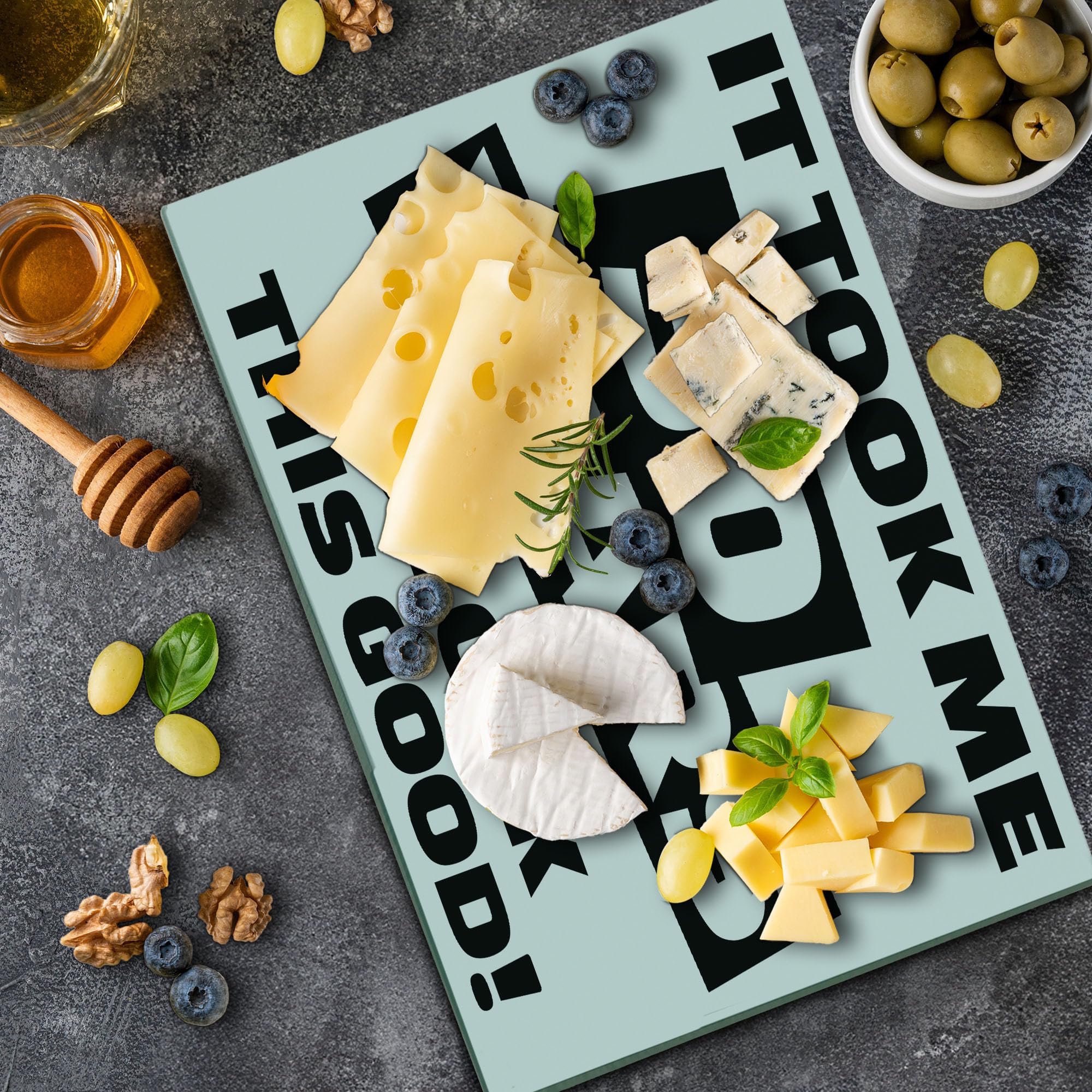 **Ambesonne 50th Birthday Cutting Board – Funny Happy Face Design, Tempered Glass Serving Board for Kitchen & Party – Large Black & White Decorative Board for Cheese, Charcuterie & Gifts**