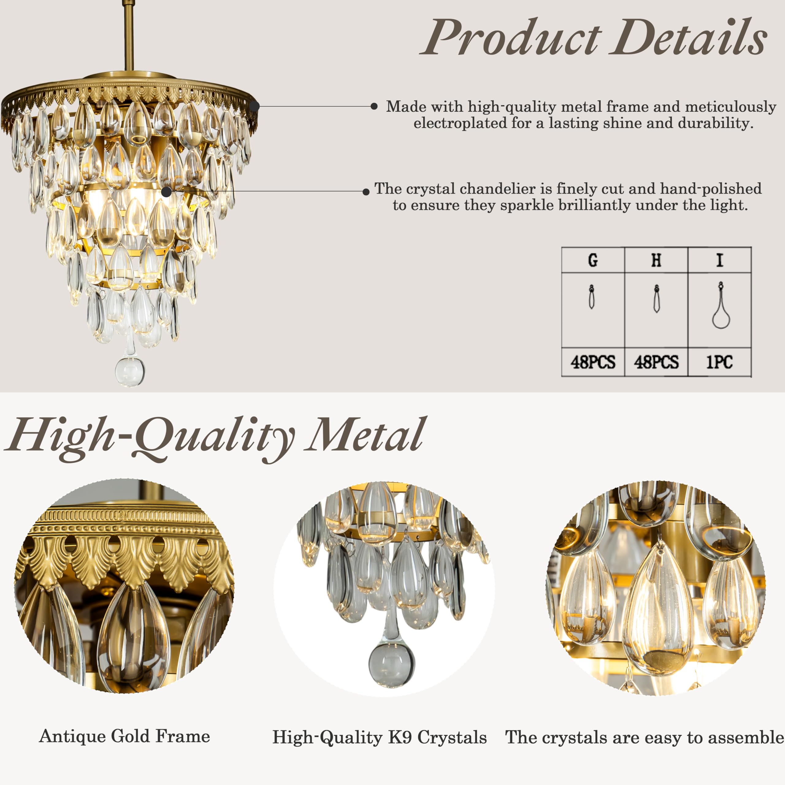3-Light Modern Gold 5-Tiered Tear Drop Crystal Chandelier - Antique Brass Finish with Raindrop Crystals - 12 Inch Wide - Perfect for Living Room, Dining Room, Bathroom & Bedroom Lighting