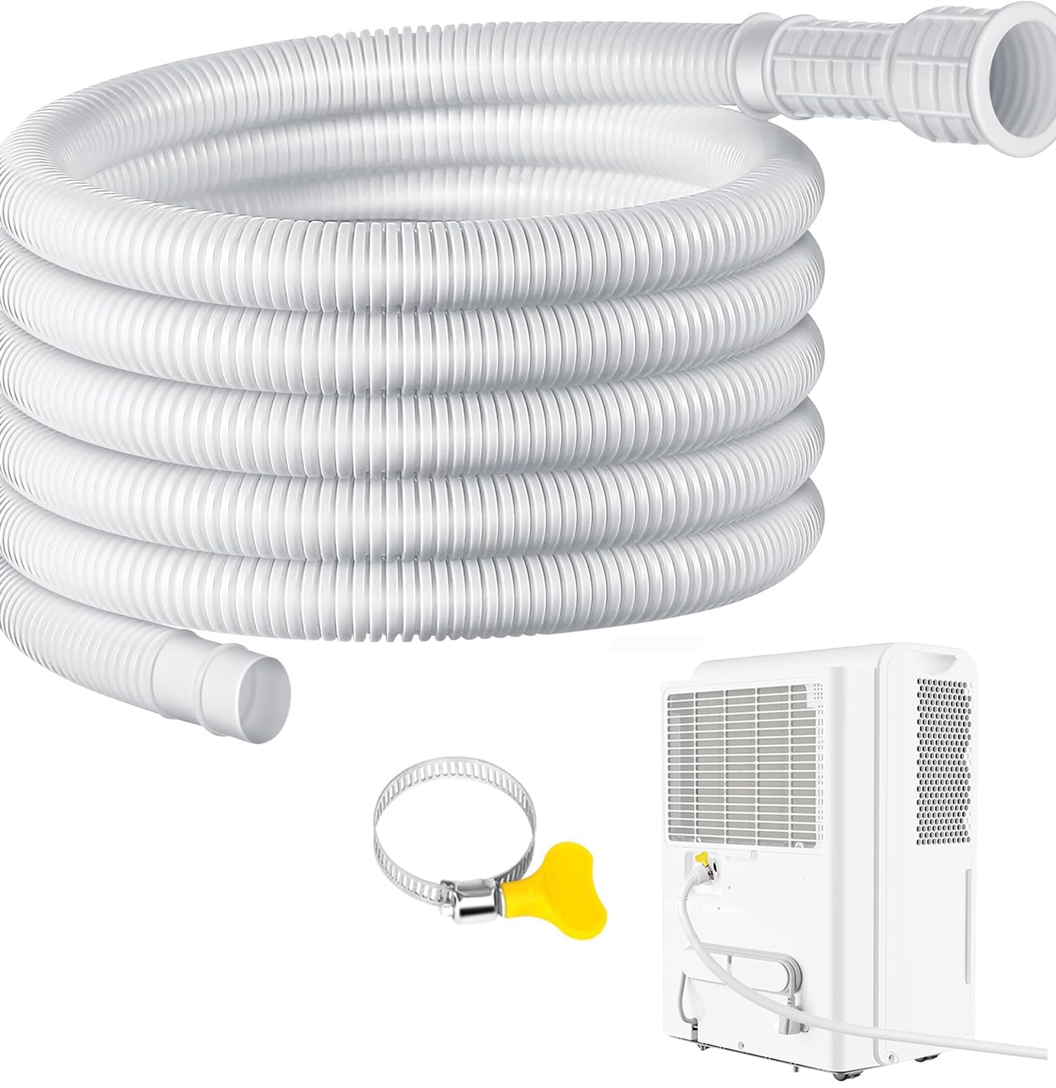 Flexible Universal Dehumidifier Drain Hose - 13ft White with Cuttable Rubber Adapter & Connect Clamp - Replacement Hose for Dehumidifiers & Portable AC Units - Perfect for Basements, Laundry Rooms & Home Moisture Control
