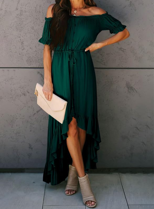 Dokotoo Women's 2025 Off Shoulder Casual Short Sleeve Maxi Dress - High Low Solid Cocktail Skater Dress for Summer Beach Party, Wedding Guest & Date Night