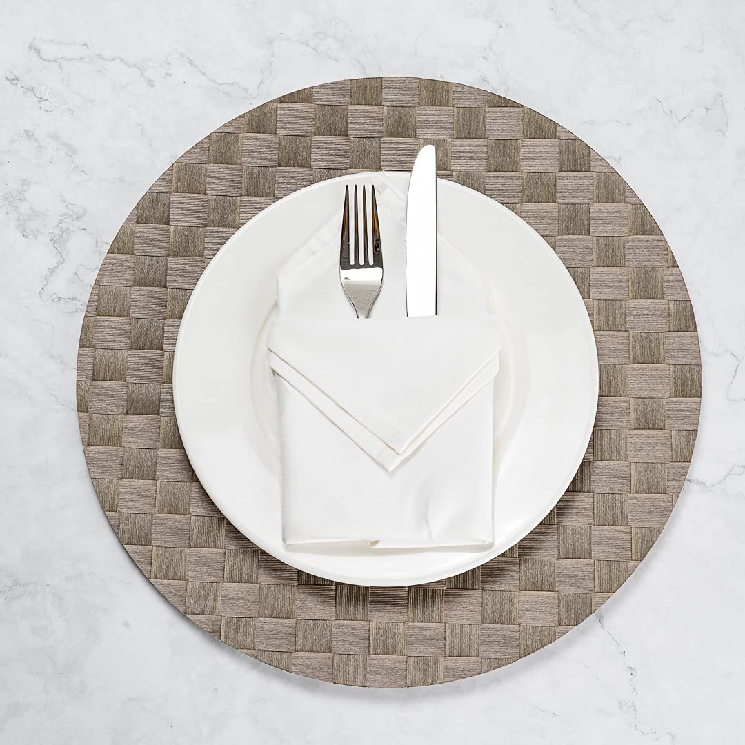 Restaurantware Macroweave 15 Inch Round Woven Placemats Set of 6 - Durable & Easy Clean Light Brown Plastic Table Mats for Dining Room, Kitchen, Restaurant or Outdoor Use