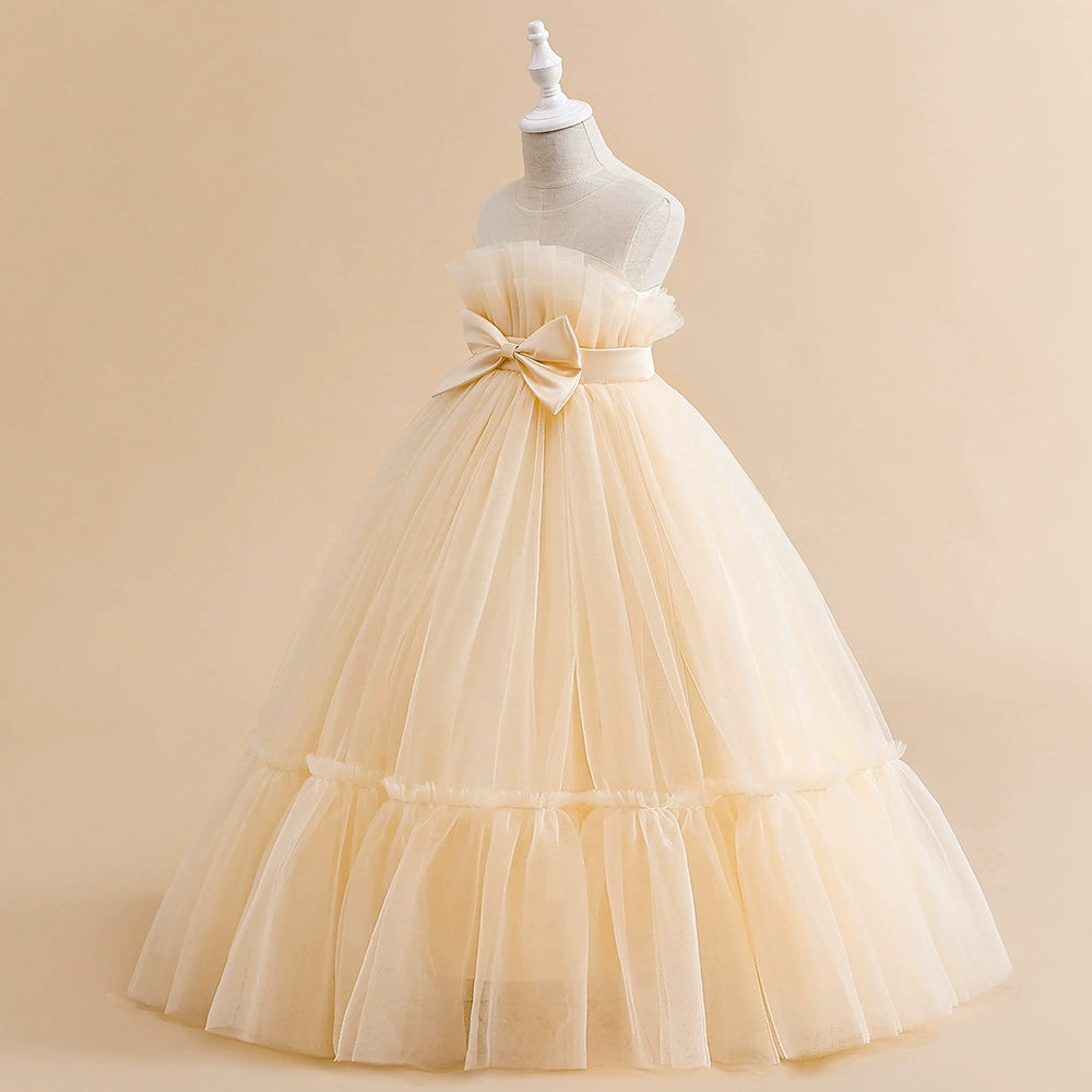 Champagne Princess Round Floor-Length Tulle Flower Girl Dress for Weddings & Special Occasions - Elegant Flower Girl Attire for Bridal Parties, First Communion & Formal Events