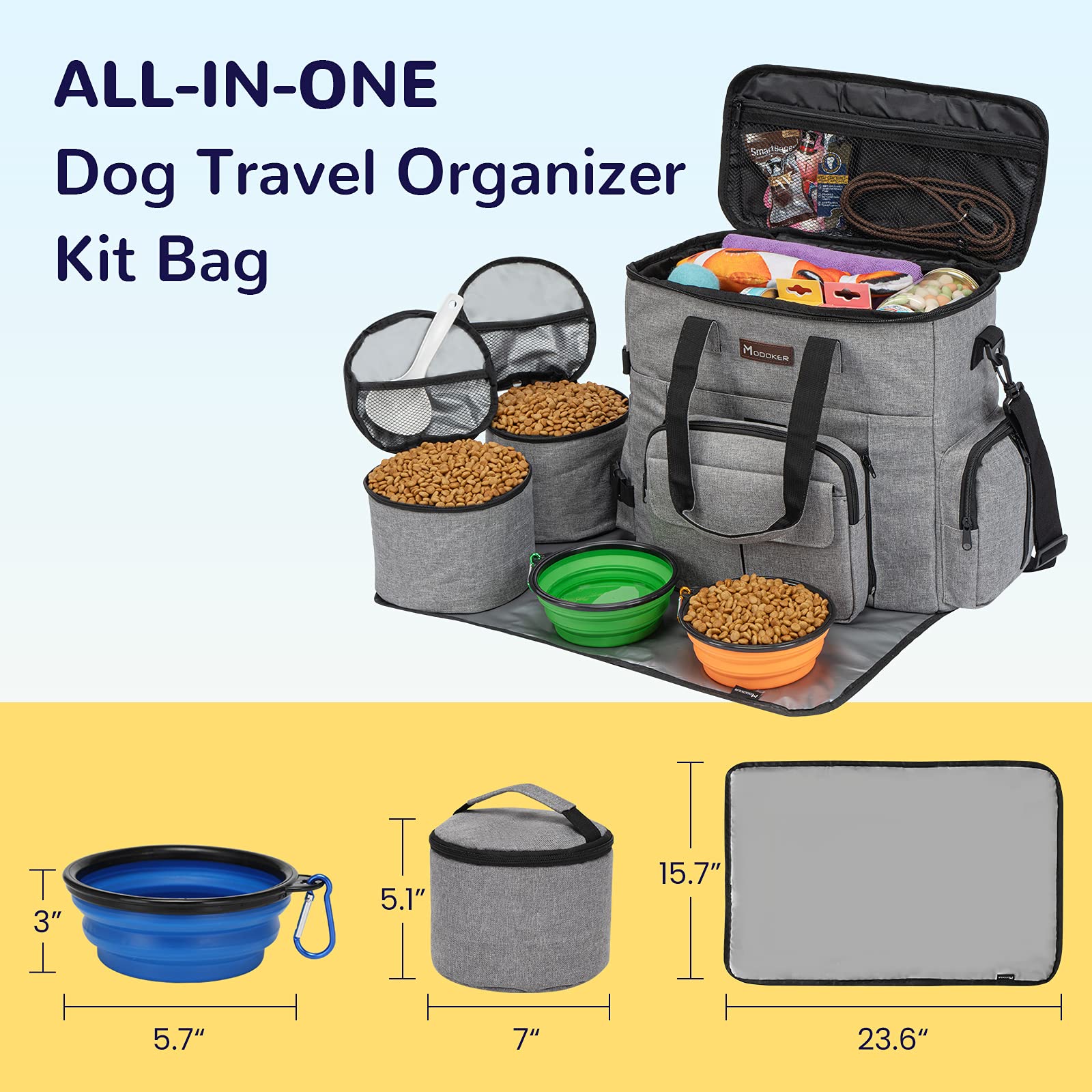 Modoker Airline Approved Dog Travel Organizer Bag with 2 Collapsible Bowls & Food Containers - Pet Carrier for Supplies & Accessories - Perfect for Air Travel, Road Trips & Outdoor Adventures