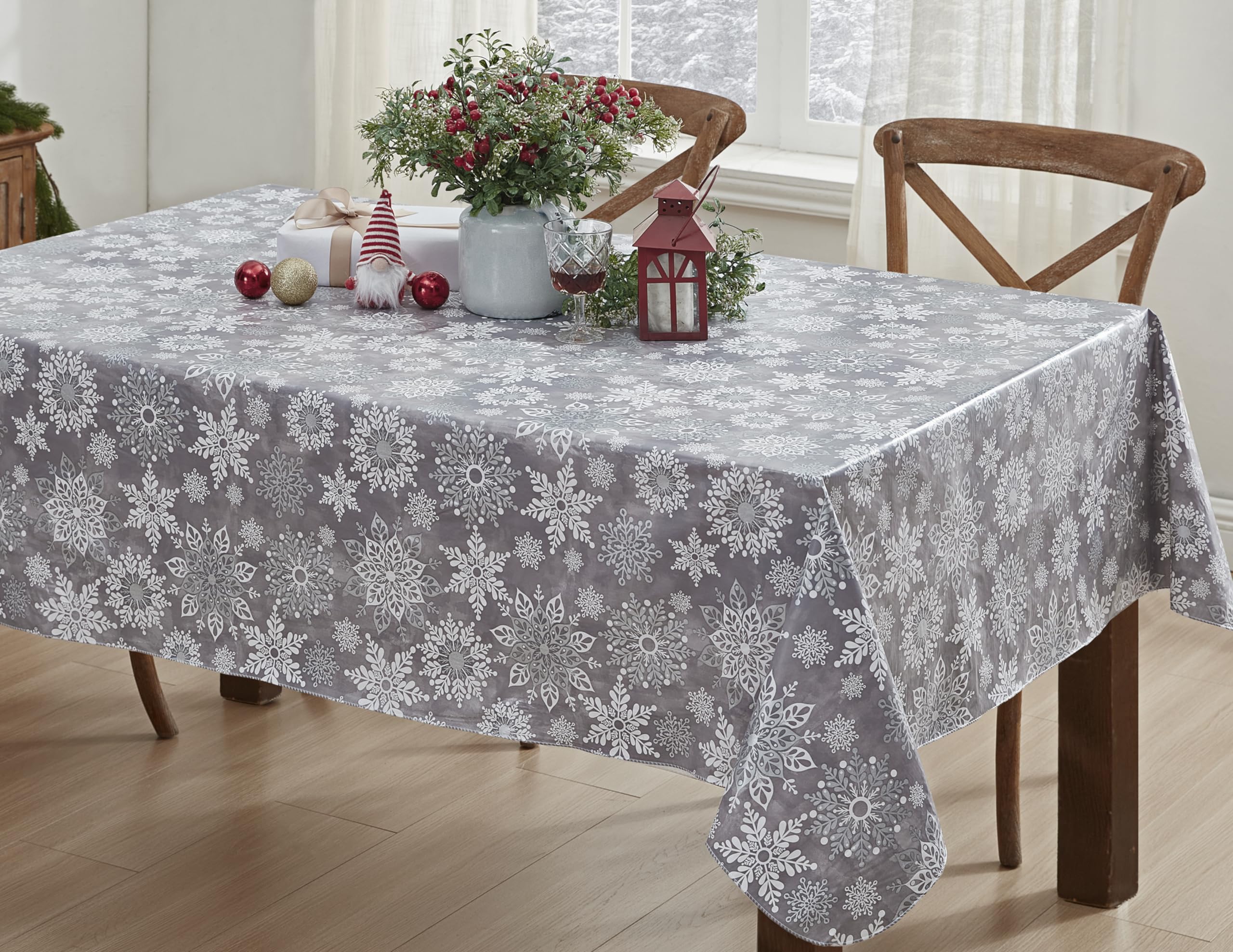 Newbridge Winter Sparkle Vinyl Flannel Backed Christmas Tablecloth - Silver Glitter Snowflake Print, Wipe Clean & Easy Care Holiday Table Cover, 52x52 Inch Square, Grey/Silver - Perfect for Holiday Dinners, Parties & Festive Home Decor