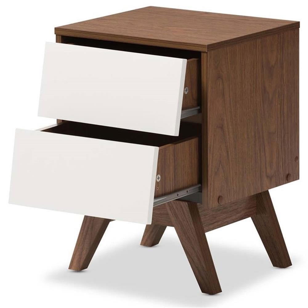 MAKLAINE Modern 2-Drawer Nightstand - White & Walnut Brown Wood Bedside Table with Storage for Bedroom, Living Room, or Office