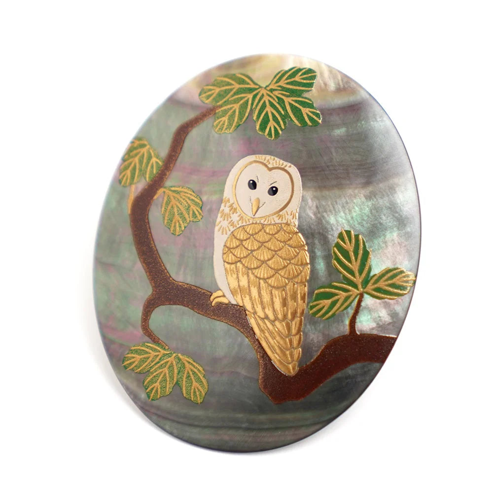 Exquisite Maki-e Urushi Lacquer Brooch with Black Lip Oyster Pearl Shell & Barn Owl Design - Traditional Japanese Lacquer Jewelry for Women - Perfect for Formal Occasions, Weddings & Cultural Events