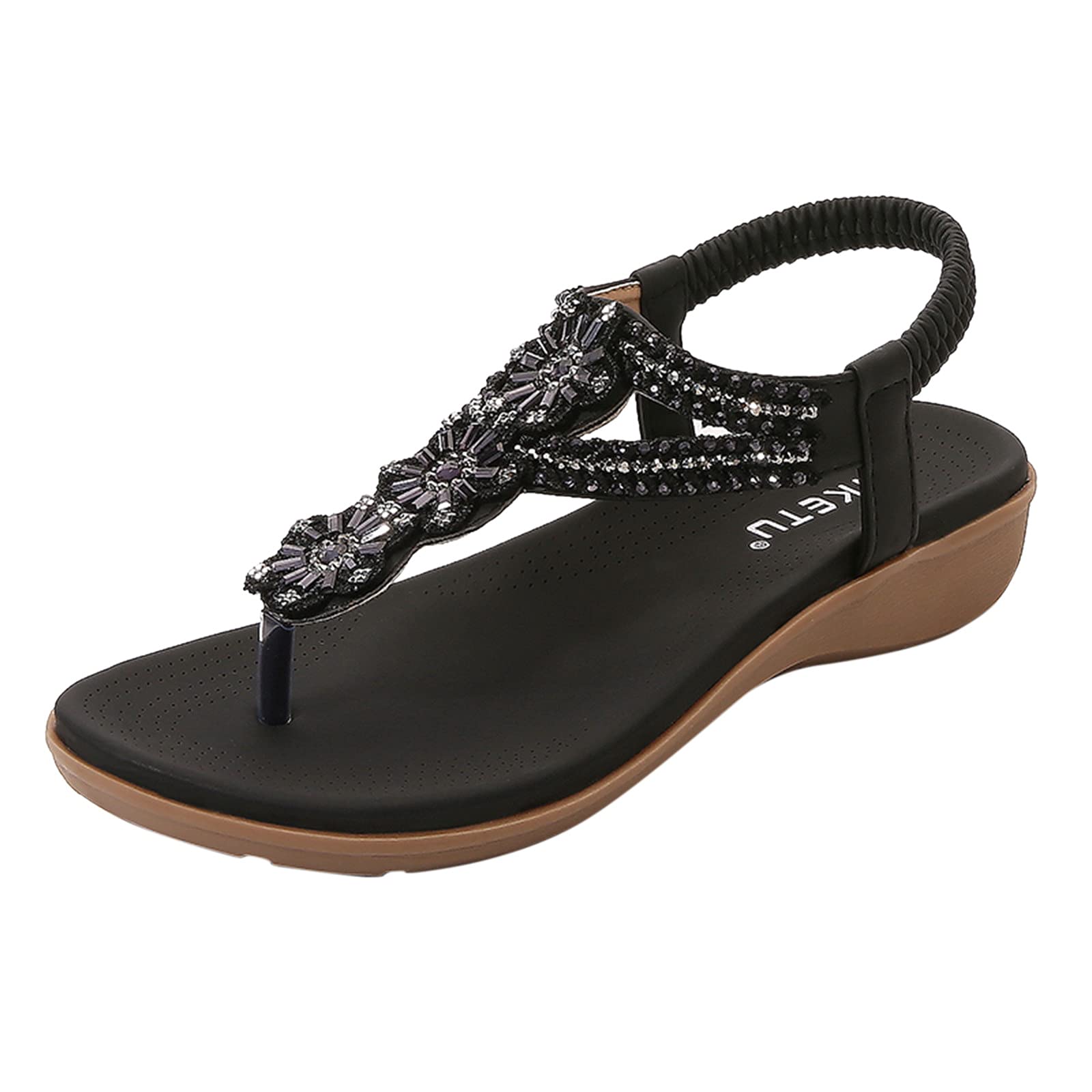 Women's Elastic Roman Sandals with Crystal Studded Straps – Comfortable Wedge Heel Sandals for Summer, Beach, and Casual Outings