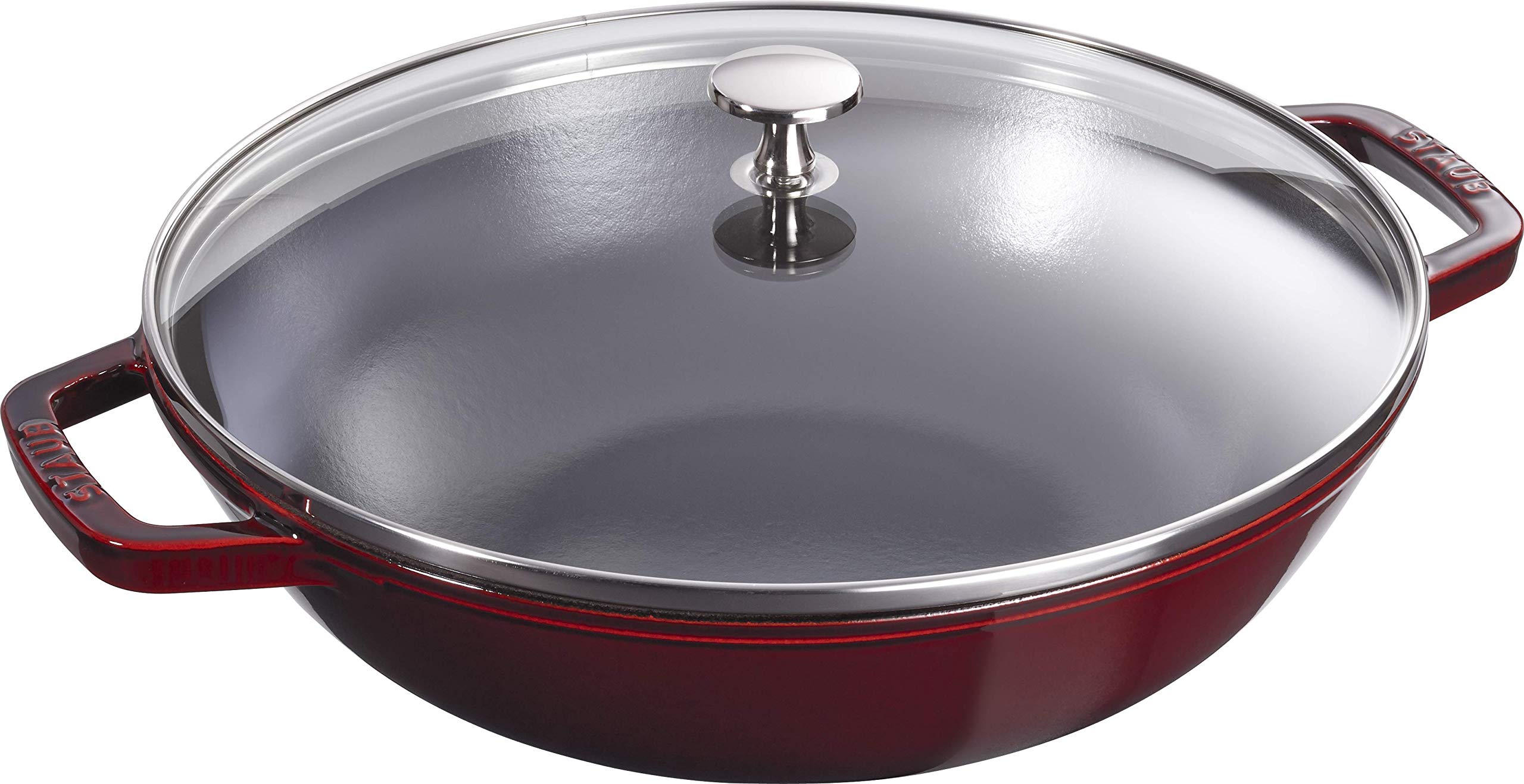 STAUB 30cm Cast Iron Wok with Glass Lid & Removable Grill - 4.4L Grenadine Red - Perfect for Stir-Frying, Deep Frying & Asian Cooking at Home