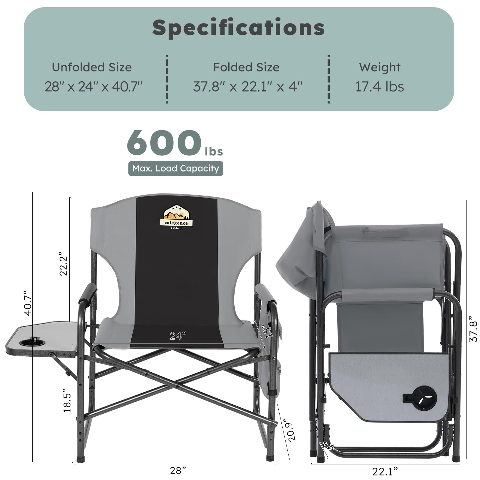XXL Oversized Heavy Duty Directors Chair - Supports 600 Lbs - Foldable Side Table & Detachable Pocket - Sturdy Folding Outdoor Chair for Camping, Beach, Fishing, Lawn, Picnics & Backyard Relaxation (Black)