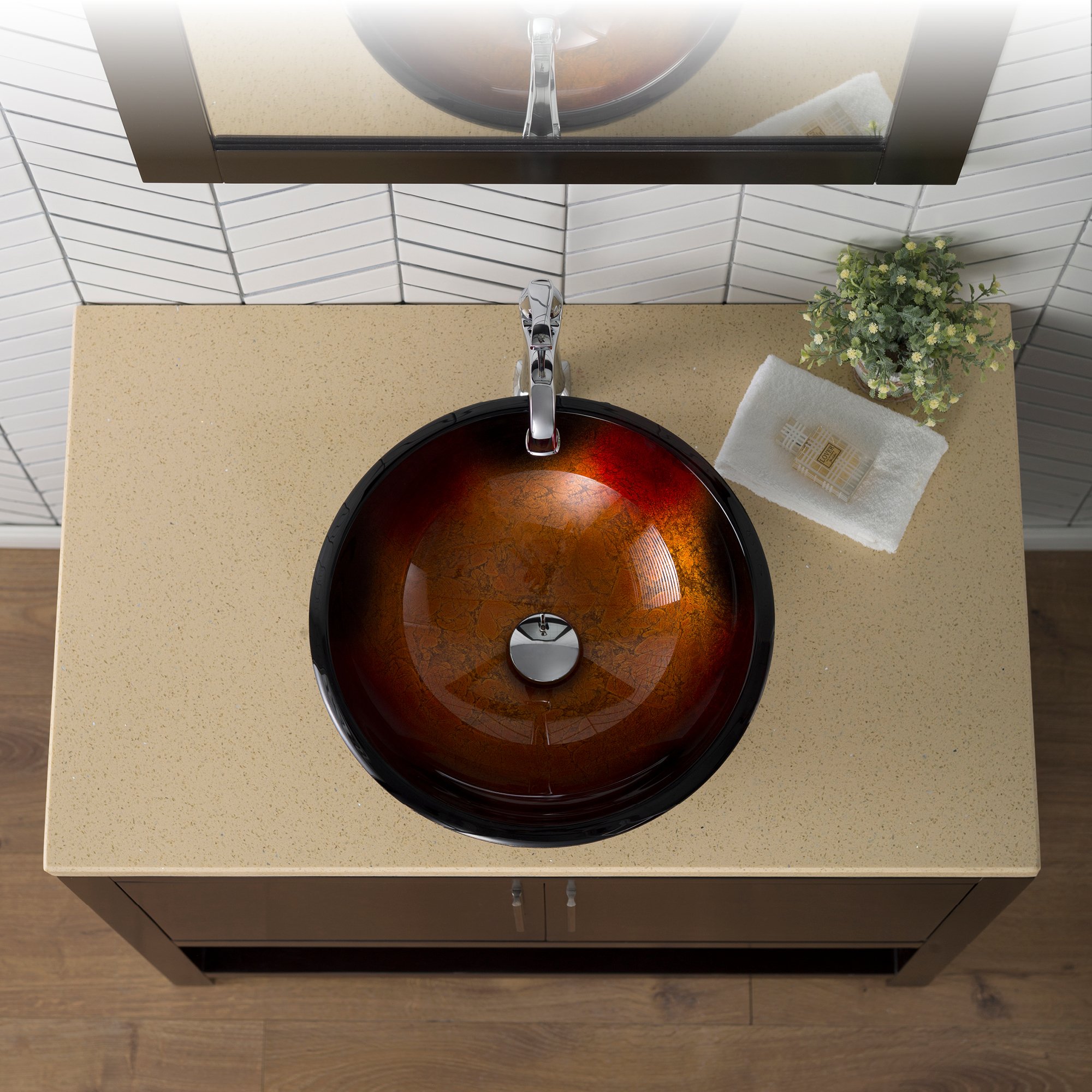 KRAUS 17-Inch Round Glass Vessel Bathroom Sink in Red, Black & Gold - Modern Vanity Basin for Bathroom Remodel & Luxury Home Decor (Model GV-680)