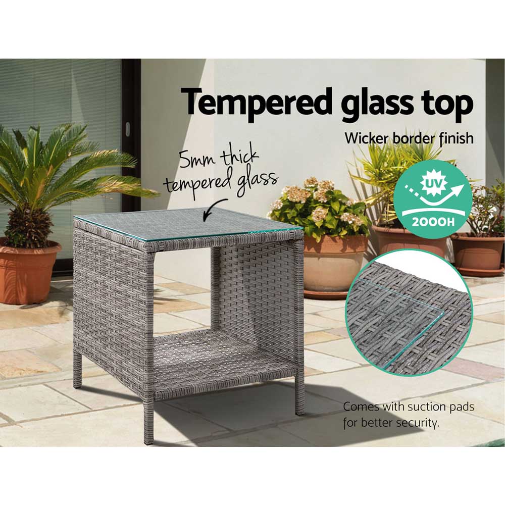 Rattan Coffee Side Table - Wicker Desk for Outdoor & Garden Furniture - Grey Patio Accent for Relaxing in Backyard or Balcony