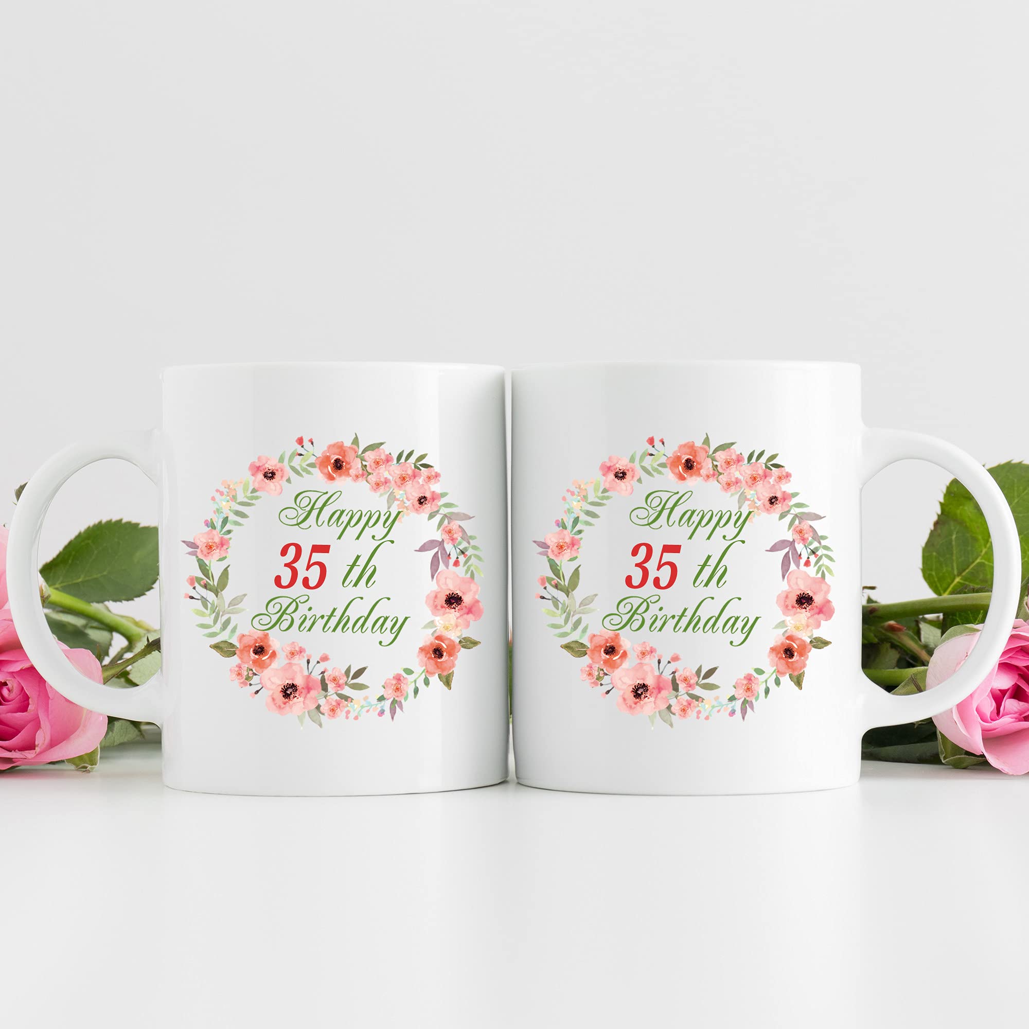 35th Birthday Gifts for Women - 11 oz Coffee Mug with Garland Design - Perfect Present for Daughter, Sister, Wife, Friend - Ideal for Celebrating Milestone Birthday at Home or Office
