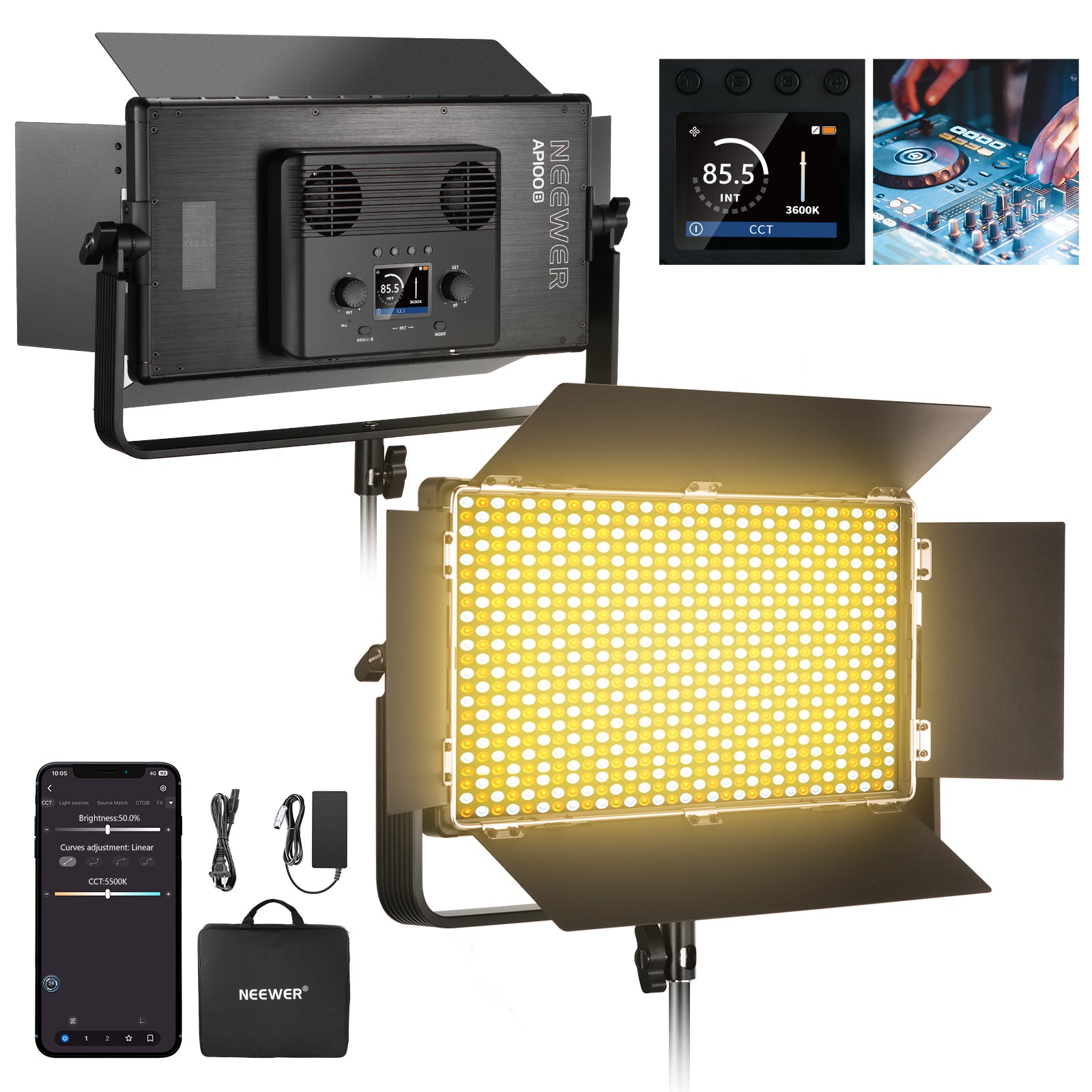 NEEWER AP100B 100W Bi-Color LED Panel Video Light Kit with Adjustable Brightness & Color Temperature for Photography, YouTube, and Studio Lighting