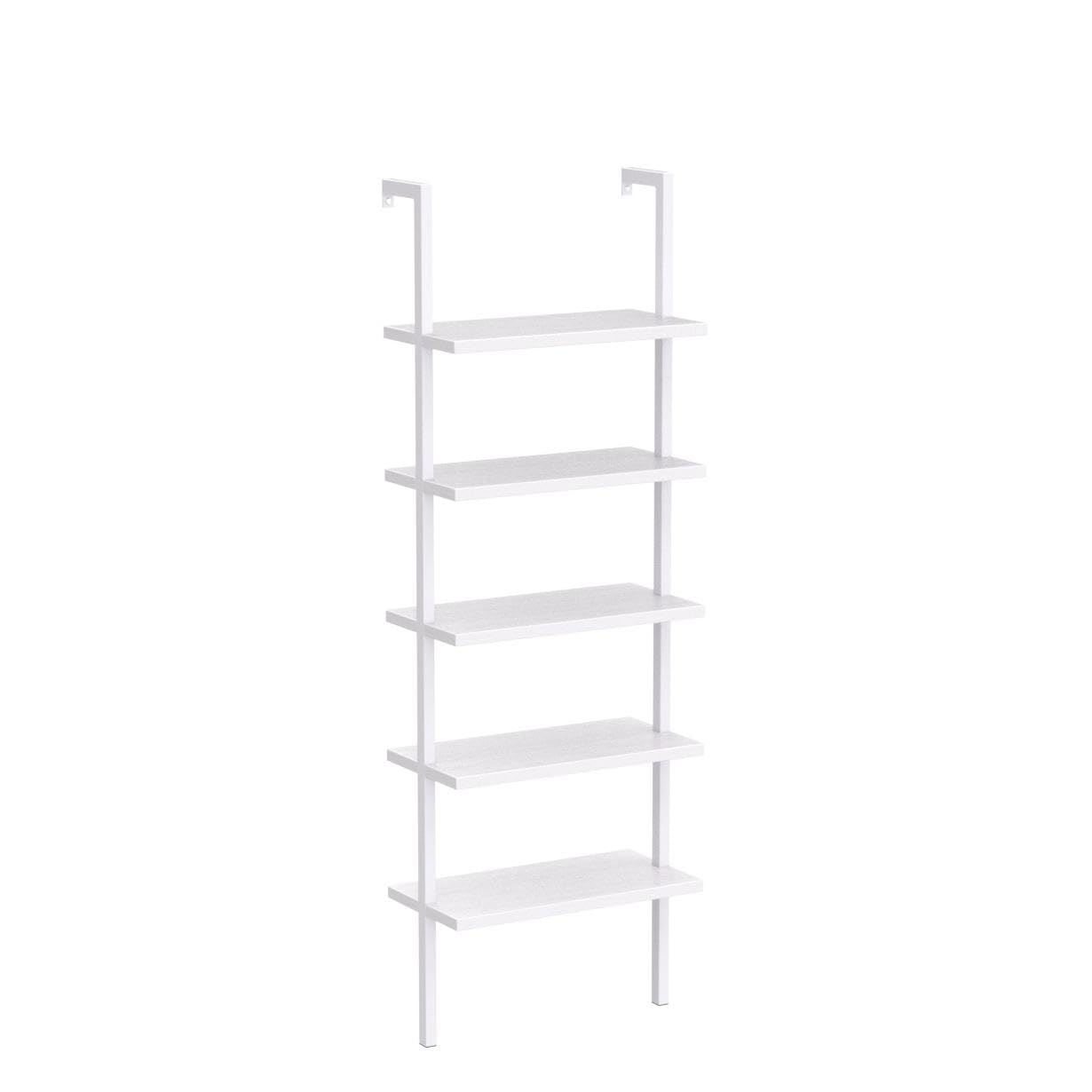 5-Tier Wall Mounted Ladder Shelf - White Metal Frame Bookcase with Open Design for Living Room, Bedroom, Office & Home Decor - 23.62