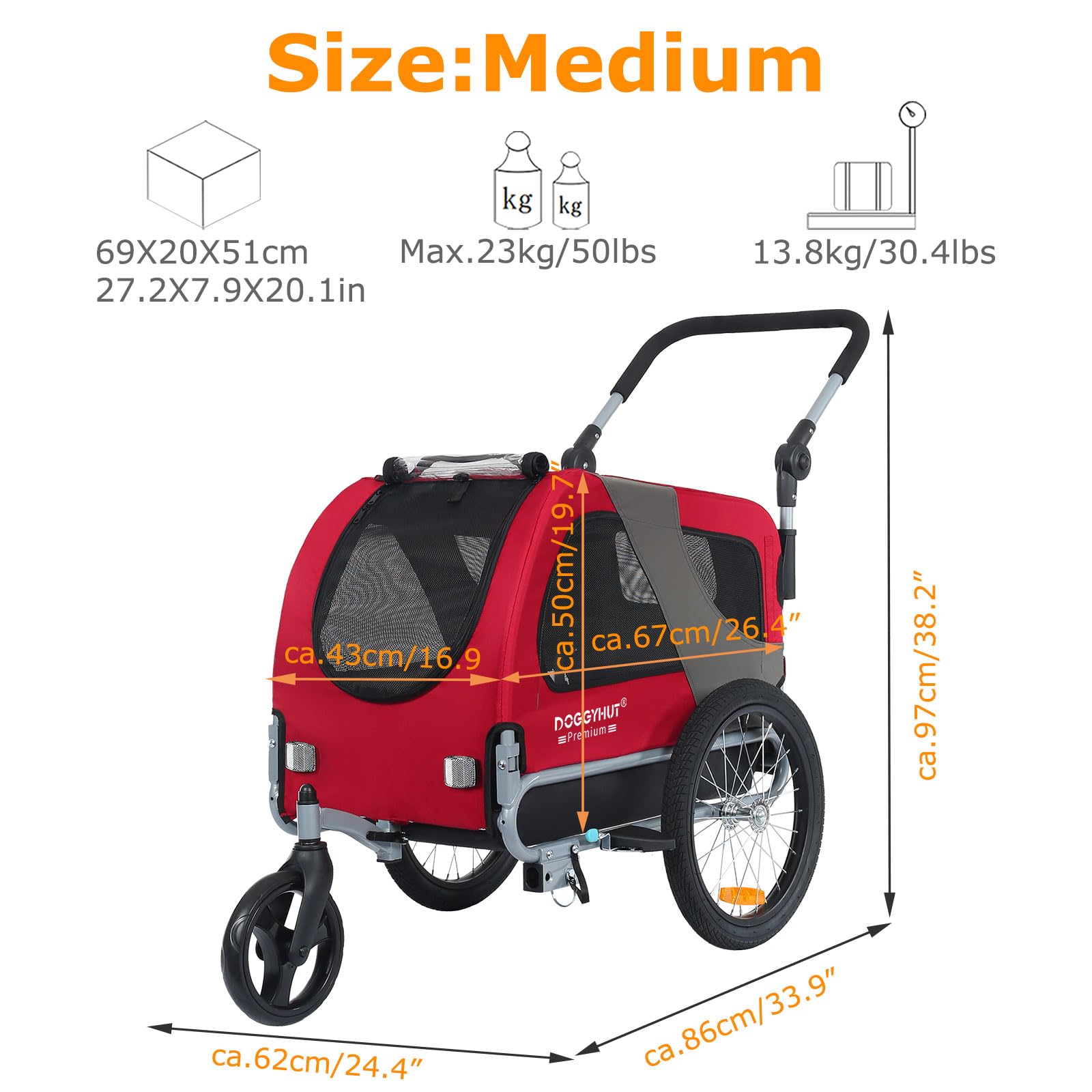 DOGGYHUT® Premium Medium Pet Bike Trailer & Stroller 2-in-1 - Convertible Dog Carrier for Small to Medium Dogs up to 50 lbs - Safety Parking Brakes, Easy Fold Design, Universal Bicycle Coupler - Perfect for Cycling, Jogging, Park Visits & Outdoor Adventures (E-Bike Compatible)