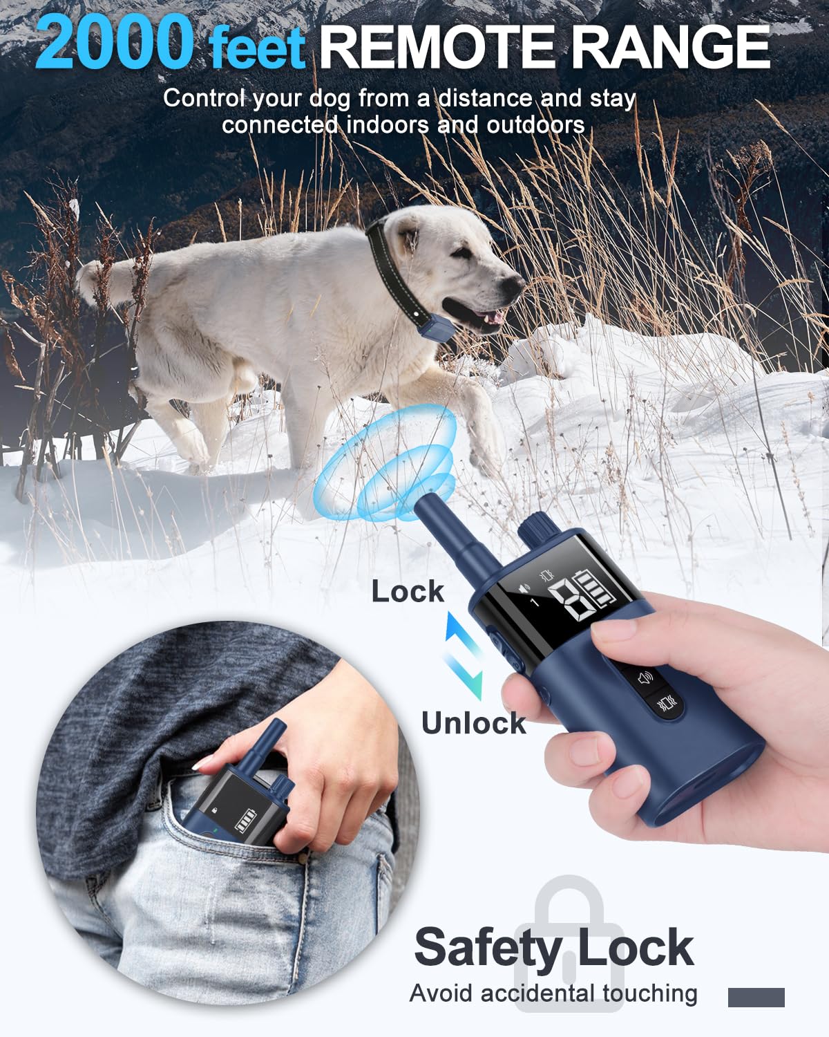 No Shock Dog Training Collar with Remote - Beep & Vibration Only, Waterproof Rechargeable Vibrating Collar for Small to Large Dogs (10-120 lbs) - Safe & Humane Training Tool for Obedience, Bark Control & Behavior Correction - Navy Blue