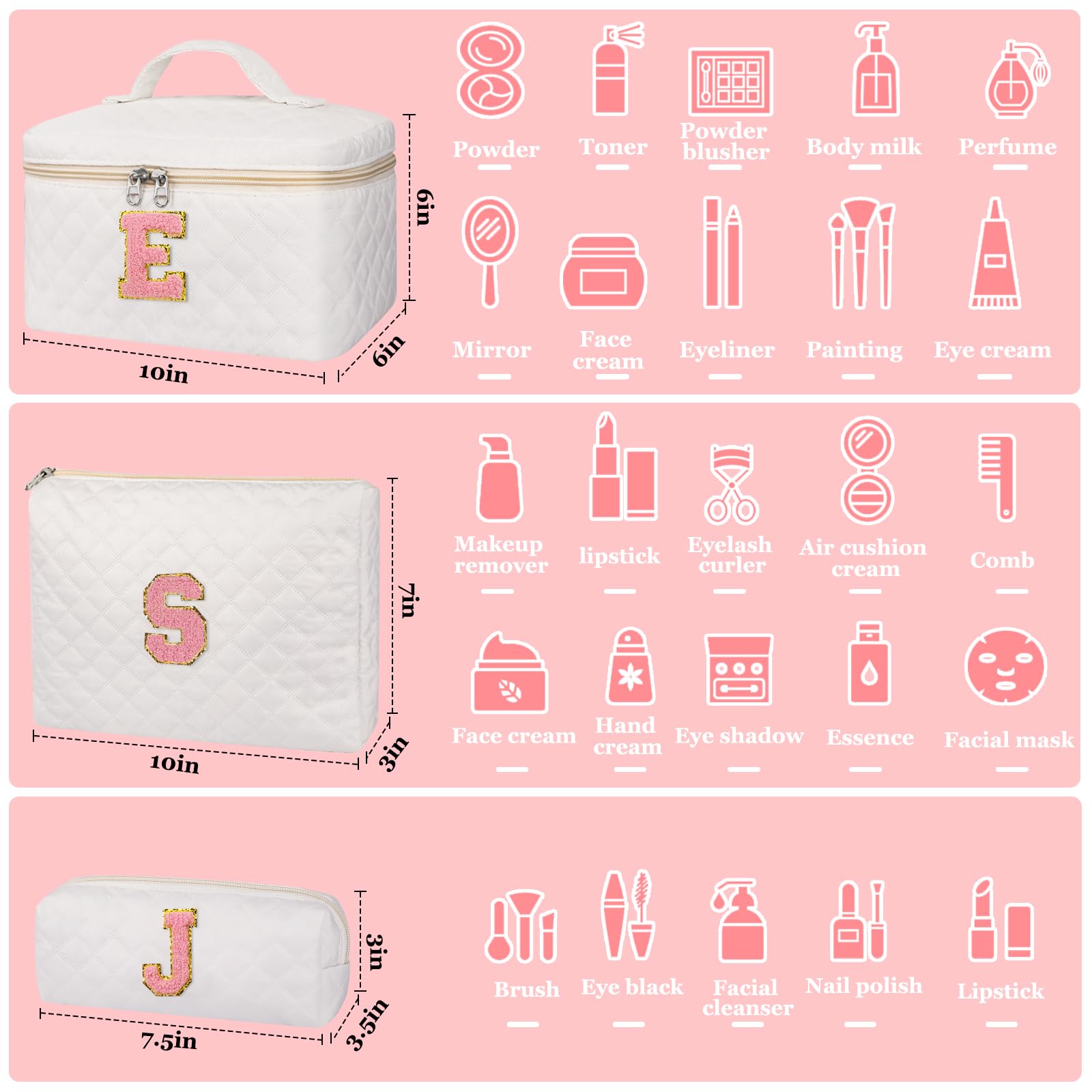 Quilted Makeup Bag for Women - Large Personalized Cosmetic Bag with Initial, Cute Cotton Travel Toiletry Organizer | Perfect Gift for Girlfriend, Wife, Sister, Teen Girls | Great for Travel, Gym, and Daily Makeup Storage
