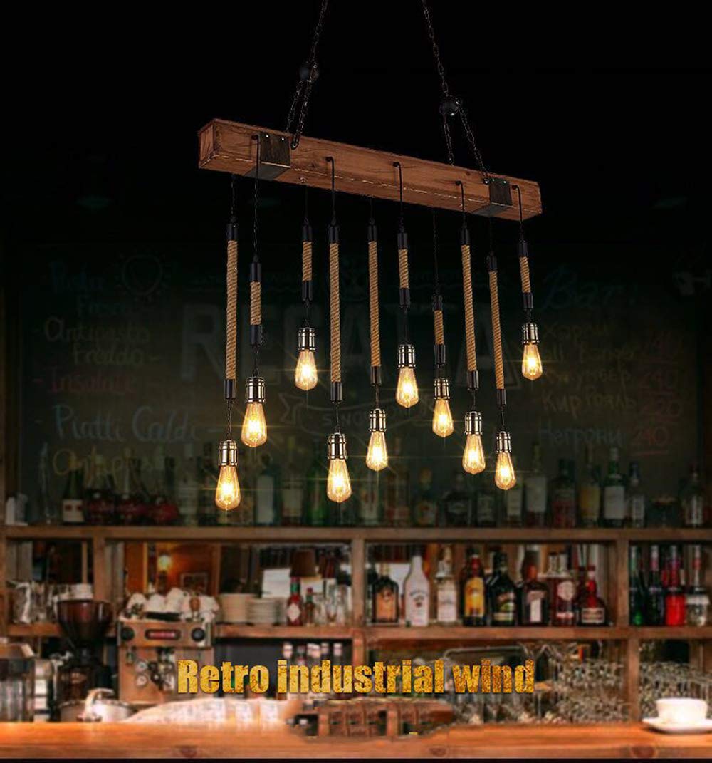 NIUYAO Industrial Retro Rustic Linear Wooden Island Pendant Light - Adjustable 10-Light Chandelier for Kitchen, Dining Room, Bar & Living Room | Farmhouse Ceiling Lighting Fixture | Perfect for Kitchen Islands, Breakfast Nooks & Open Concept Spaces