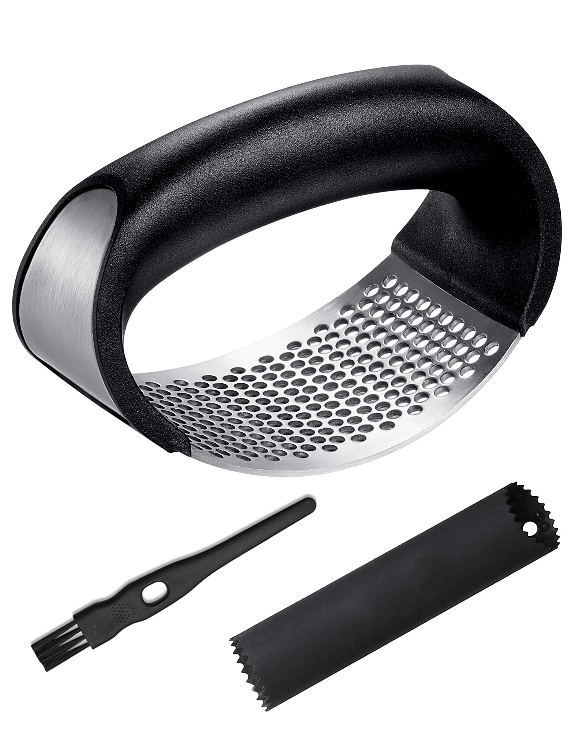 Premium Stainless Steel Garlic Press & Mincer with Peeler & Cleaning Brush - Heavy Duty Garlic Chopper, Grinder, Slicer for Fresh Cloves - Perfect for Cooking, Baking & Meal Prep (Black)