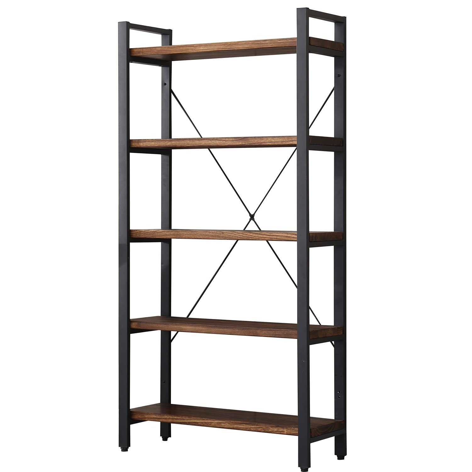 5-Tier Rustic Industrial Bookshelf - Solid Wood & Metal Vintage Bookcase with Retro Brown Finish | Perfect for Home Office, Living Room, and Library Storage