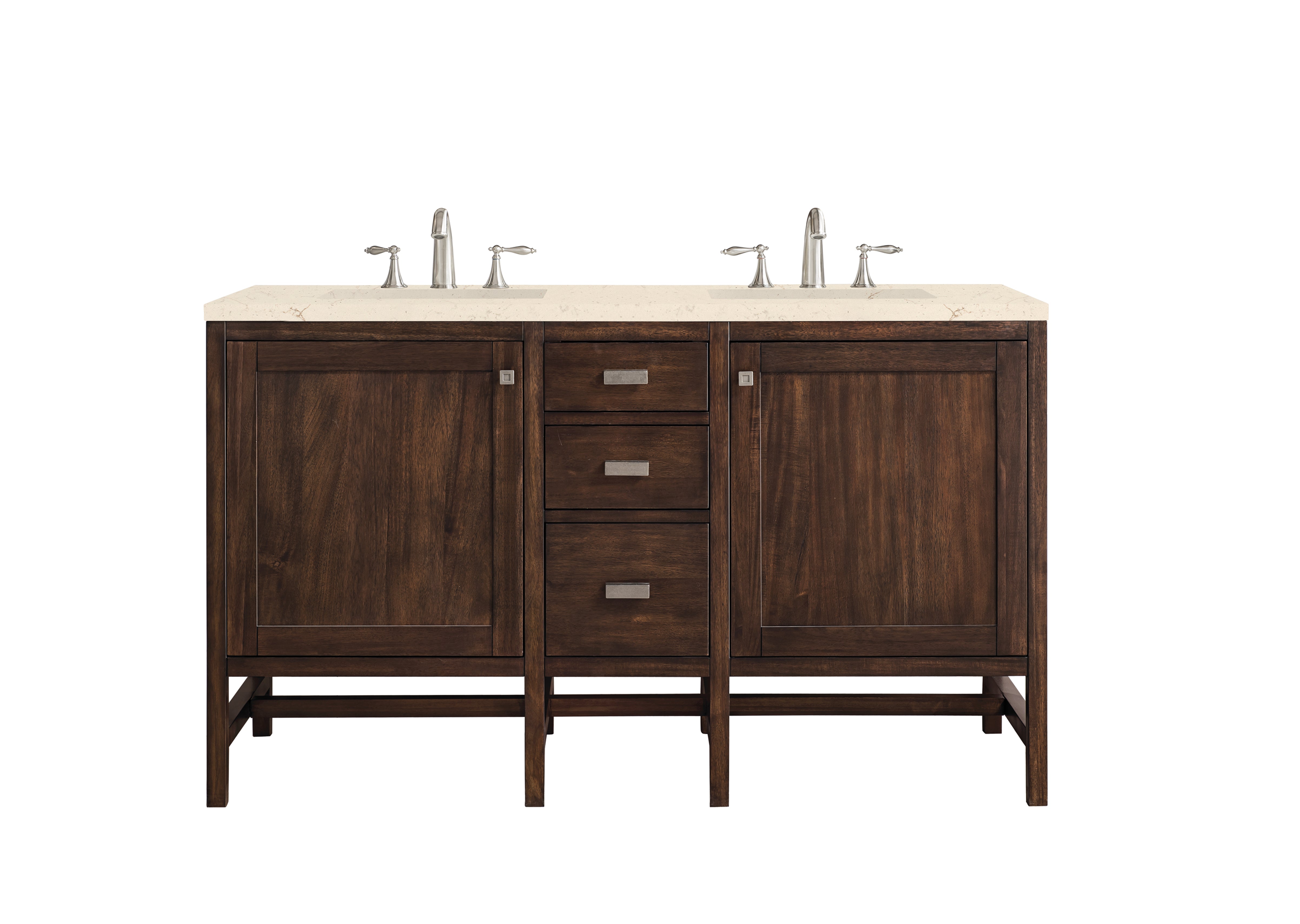 Addison 60 Inch Double Vanity Cabinet with Marble Quartz Top - Mid Century Modern Bathroom Vanity in Acacia Wood for Master Bath or Guest Bathroom