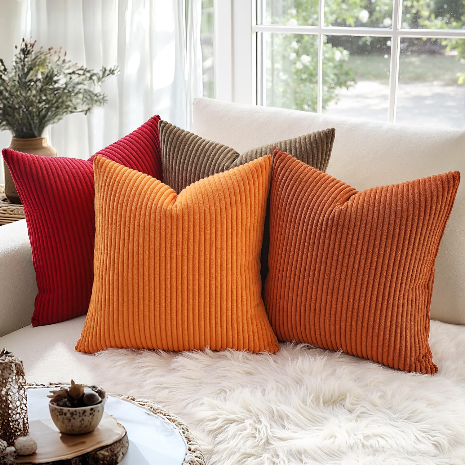 MIULEE Pack of 2 Orange Boho Striped Corduroy Pillow Covers 20x20 Inch - Soft Decorative Square Cushion Cases for Sofa, Bedroom & Couch - Perfect for Home Decor, Living Room Accents and Cozy Throw Pillow Covers