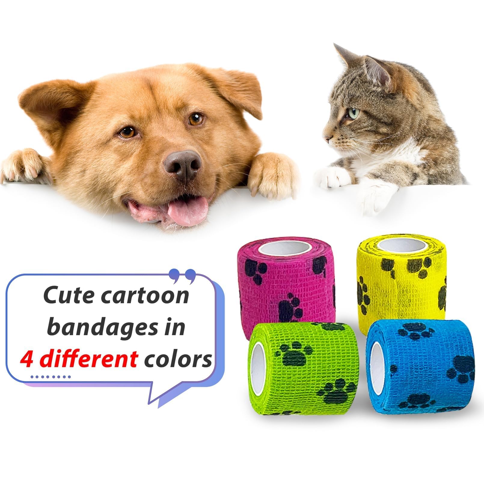 16PCS Vet Wrap Tape - Self-Adhesive No Chew Bandage for Dogs, Cats, Horses | Wound Dressing & Medical Gauze for Pets | Yellow, Blue, Green, Pink | Perfect for Paw, Ear, Tail & Leg Injuries
