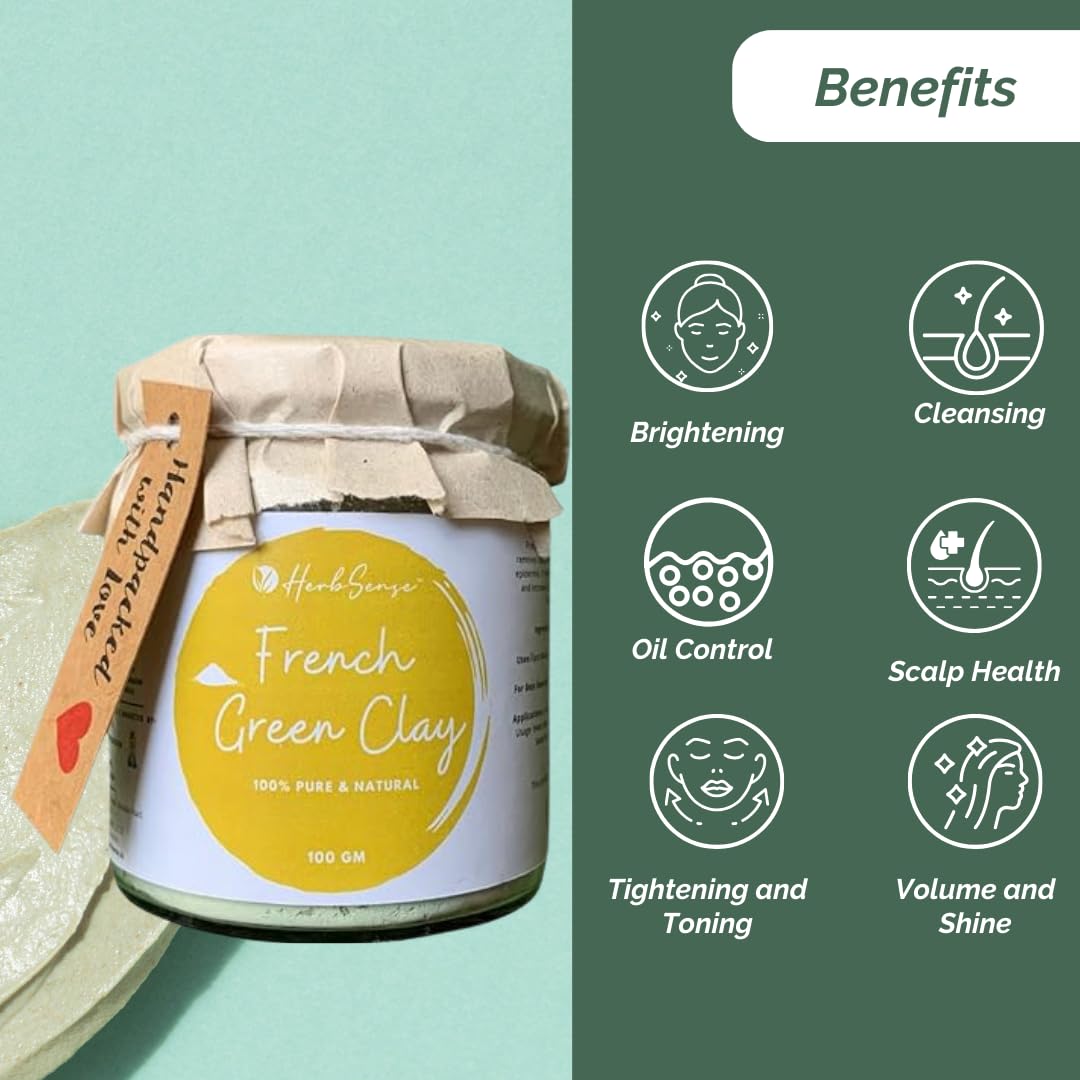 Herbsense French Green Clay Powder Mask - Deep Cleansing & Detoxifying Face Mask for Glowing, Healthy Skin | 100g Glass Jar | Perfect for Spa Days & At-Home Skincare Routines