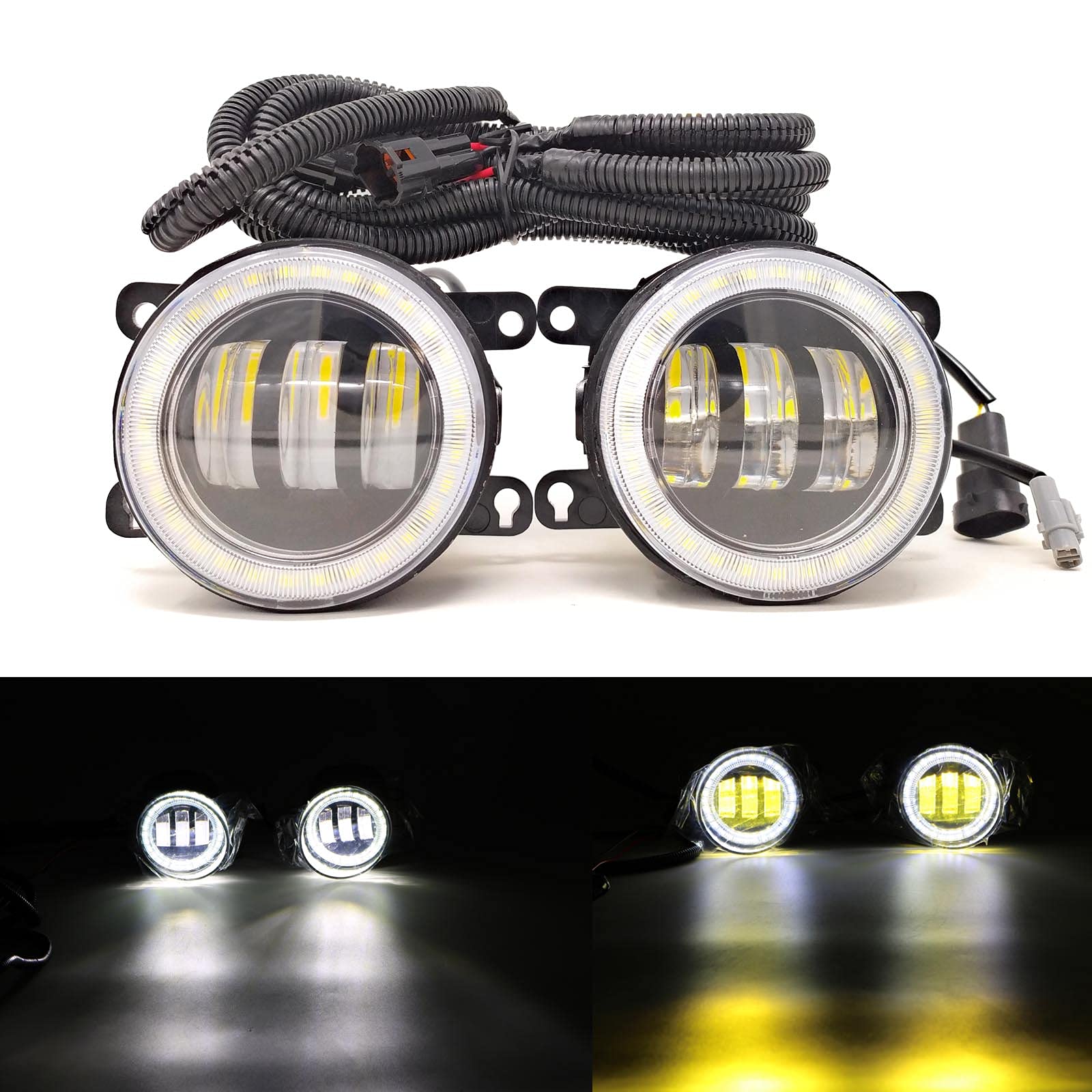 2PCS White & Yellow LED Angel Eye Fog Lights - Compatible with Ford Fiesta 2014, Freestyle 2005-2007, Ranger 2005-2011, Mustang 2005-2014, Taurus X 2008-2009 - Perfect for Night Driving & Off-Road Adventures