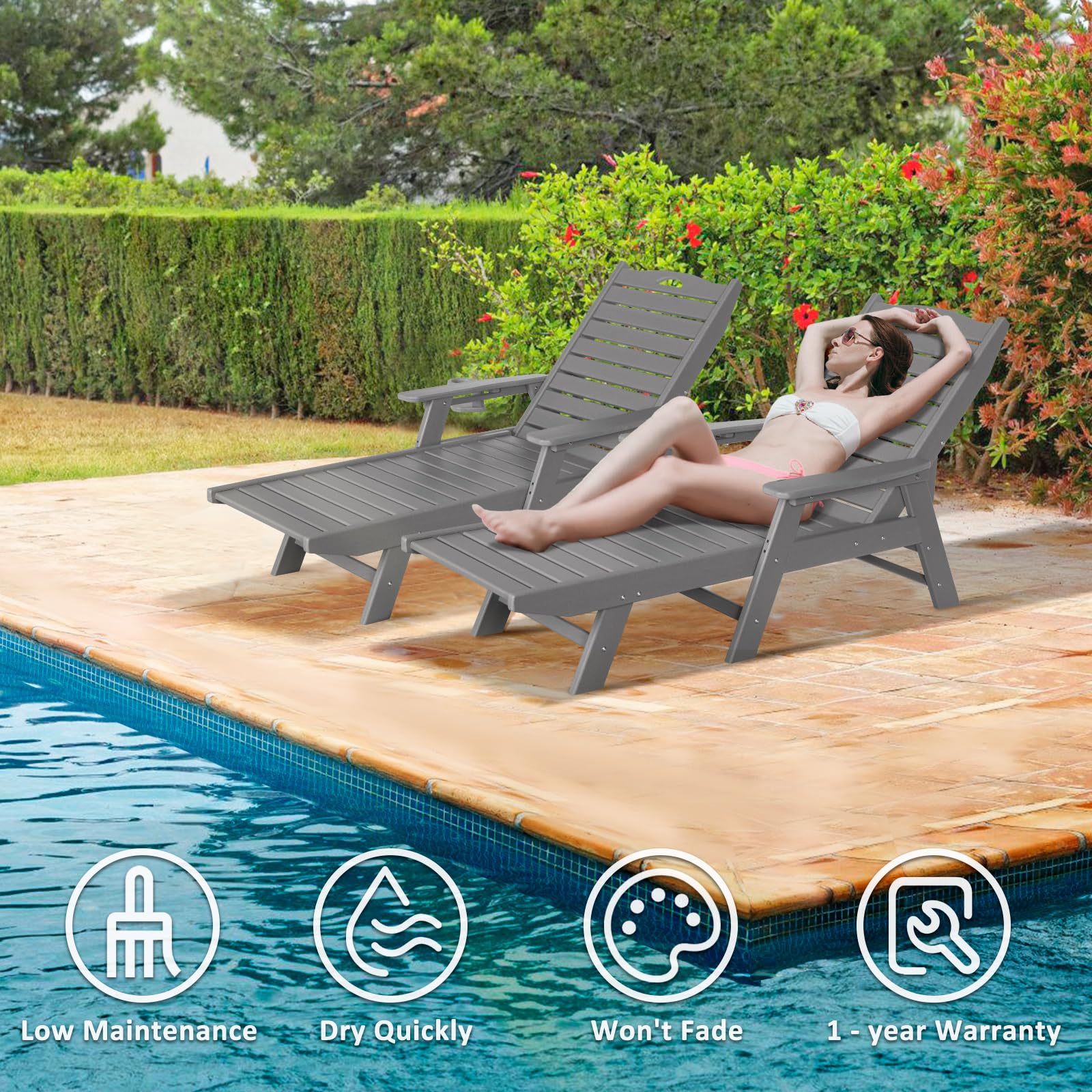 2-Pack Nalone HDPE Outdoor Chaise Lounge Chairs with 5-Position Adjustable Backrest - 400lb Weight Capacity - Grey Patio Poolside Deck Beach Lounge Chairs for Backyard, Resort & Vacation Homes