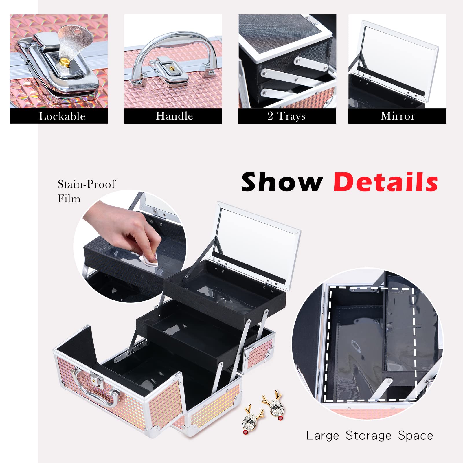 Joligrace Lockable Makeup Train Case with Mirror & 2-Tier Tray - Portable Cosmetic & Jewelry Organizer with Keys, Handle for Travel Storage | Perfect for Salon Professionals & Home Beauty Organization